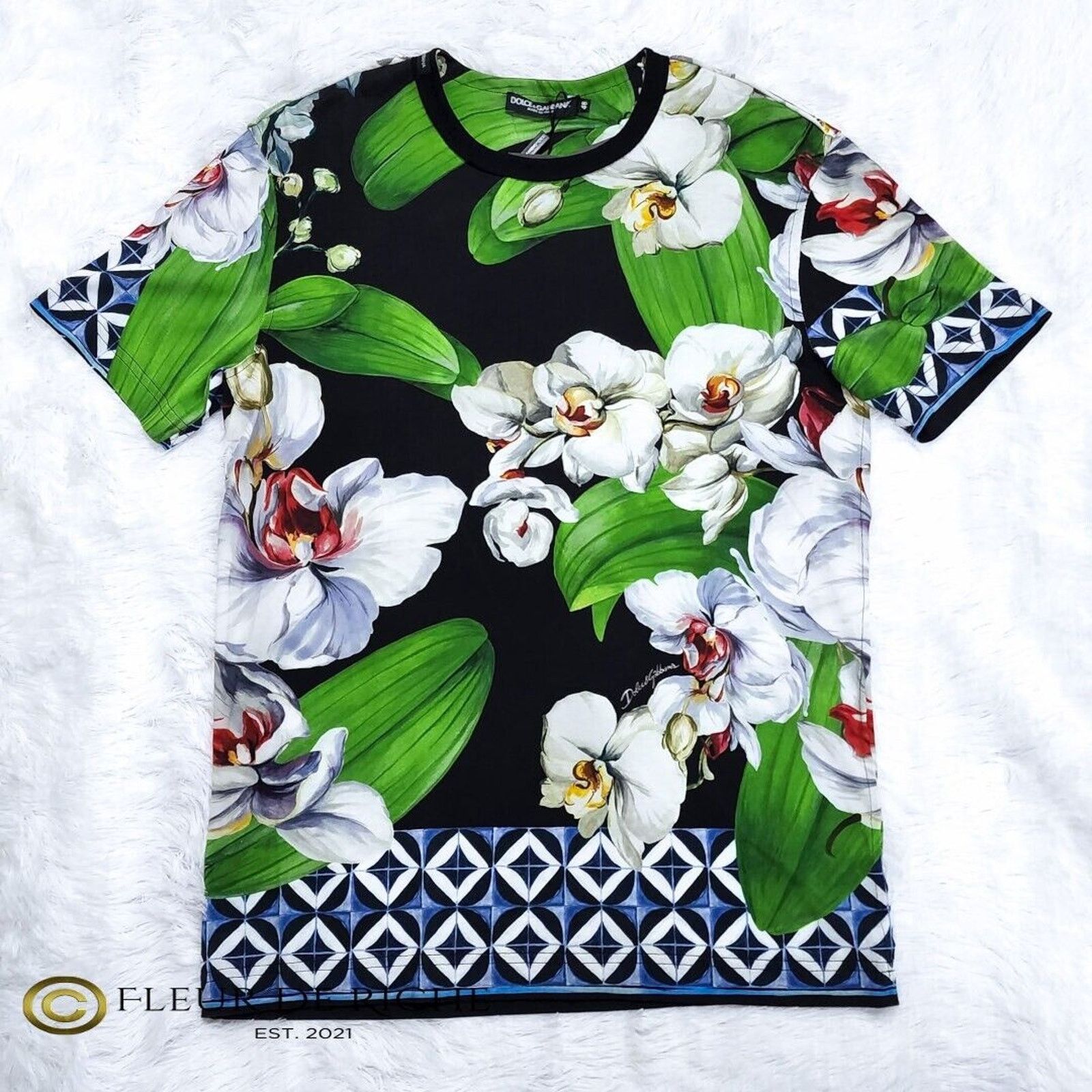 Dolce & Gabbana Dolce & Gabbana Elegant Orchid Print Crewneck T-shirt Black Size US M / EU 48-50 / 2 - 1 Thumbnail