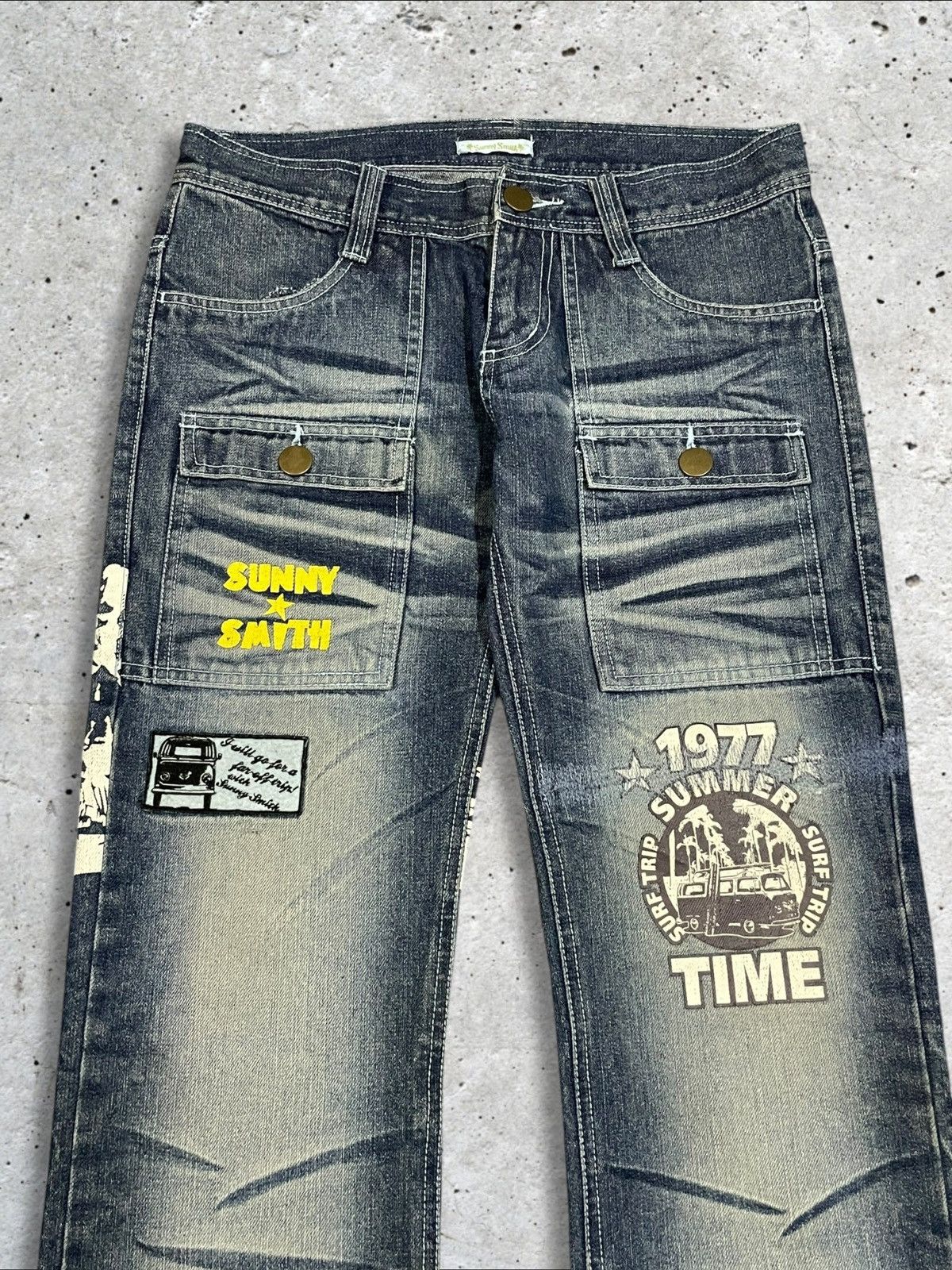 Japanese Brand Vintage Sunny Smith Patches Whiskers Blue Wash Bush Pants Size US 32 / EU 48 - 2 Thumbnail