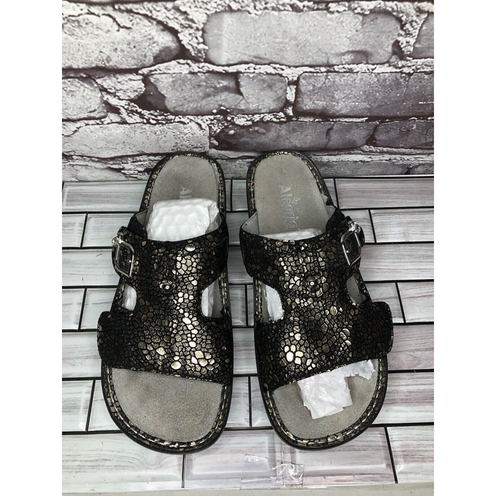 Allegri Alegria PEG 780 Black Silver Mosaic Leather Platform Slides Size US 10.5 / IT 40.5 - 2 Thumbnail