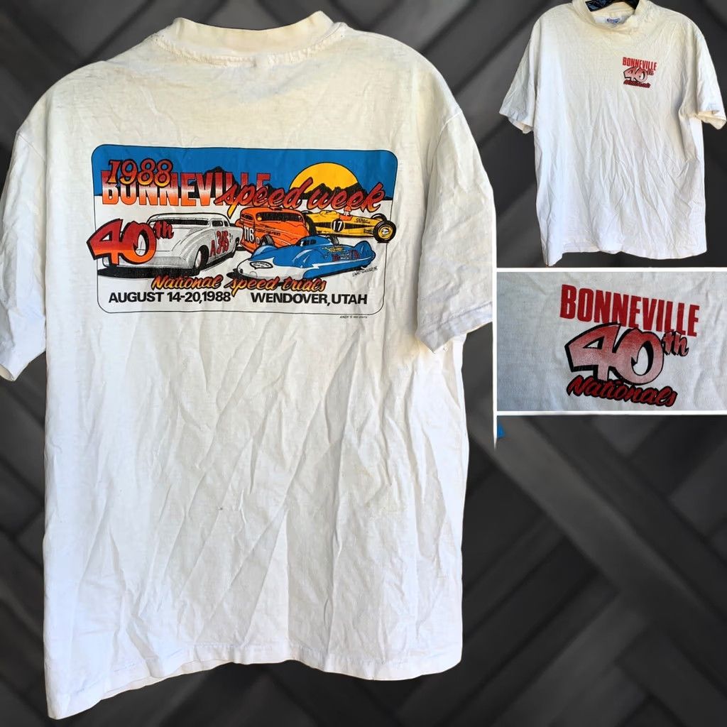 Hanes Vintage Hanes Bonneville 1988 Speed Week T-Shirt L White 80s Graphic Print Crew Neck Short Sleeve Men’s BEEFY-T Js Jersey Cotton Casual Vintage Shirt Size US L / EU 52-54 / 3 - 1 Thumbnail