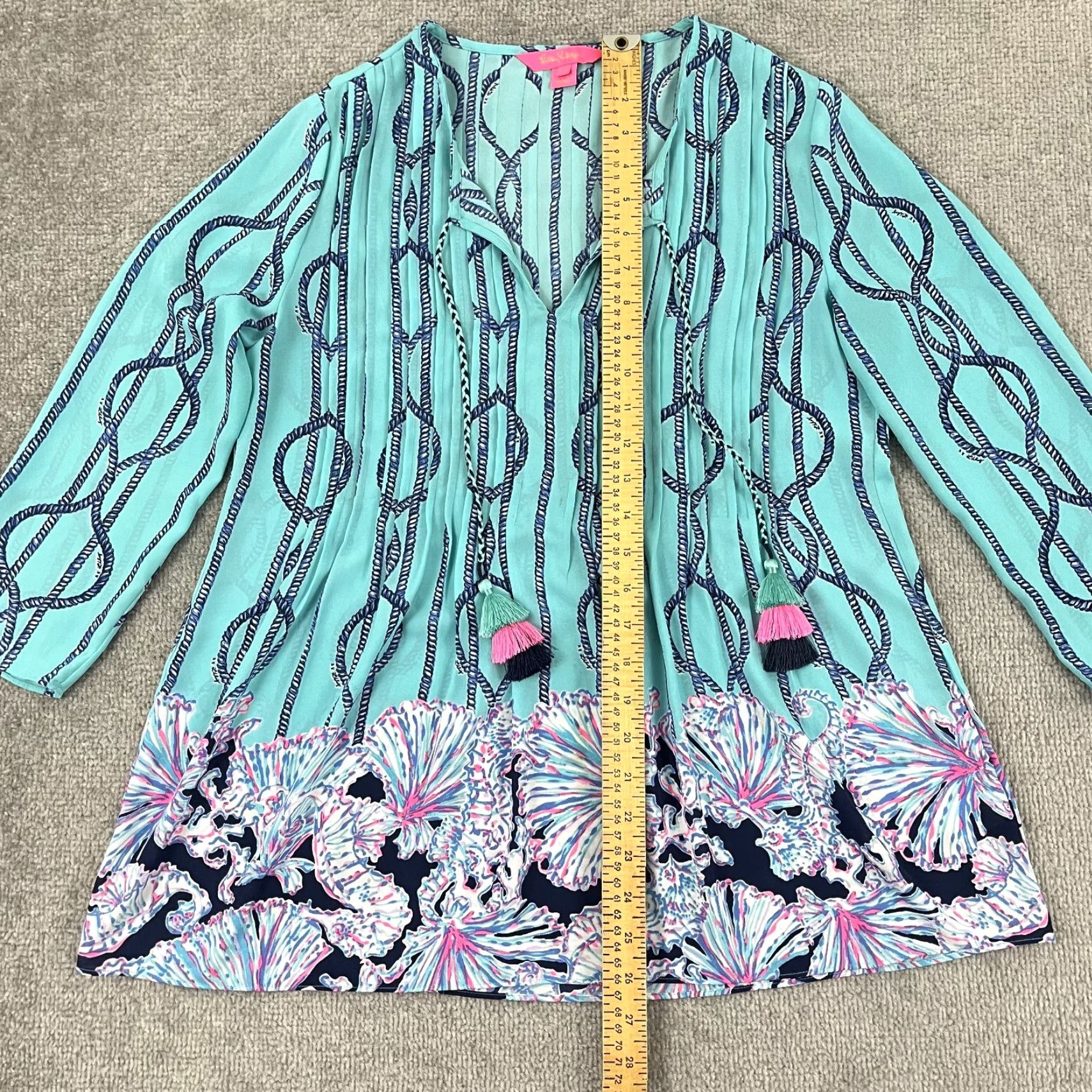 Lilly Pulitzer Lilly Pulitzer Blouse Womens XS Marlina Tunic Top Tassels Light Aqua A Frayed Size XS / US 0-2 / IT 36-38 - 3 Thumbnail