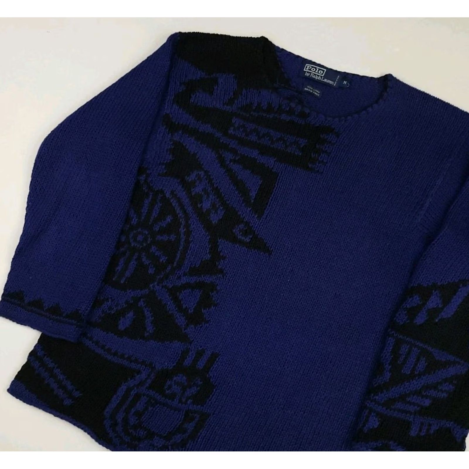 Polo Ralph Lauren VINTAGE Polo Ralph Lauren Sweater Mens M Blue Linen Hand Knit Tribal Native Abstract Rare Size US M / EU 48-50 / 2 - 2 Thumbnail