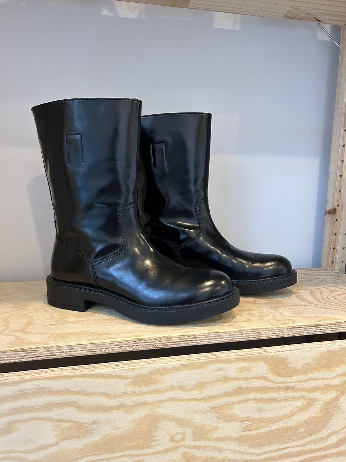 image of Prada By Raf Simons Black Brushed Leather Mid-Calf Boots, Men's (Size 10)