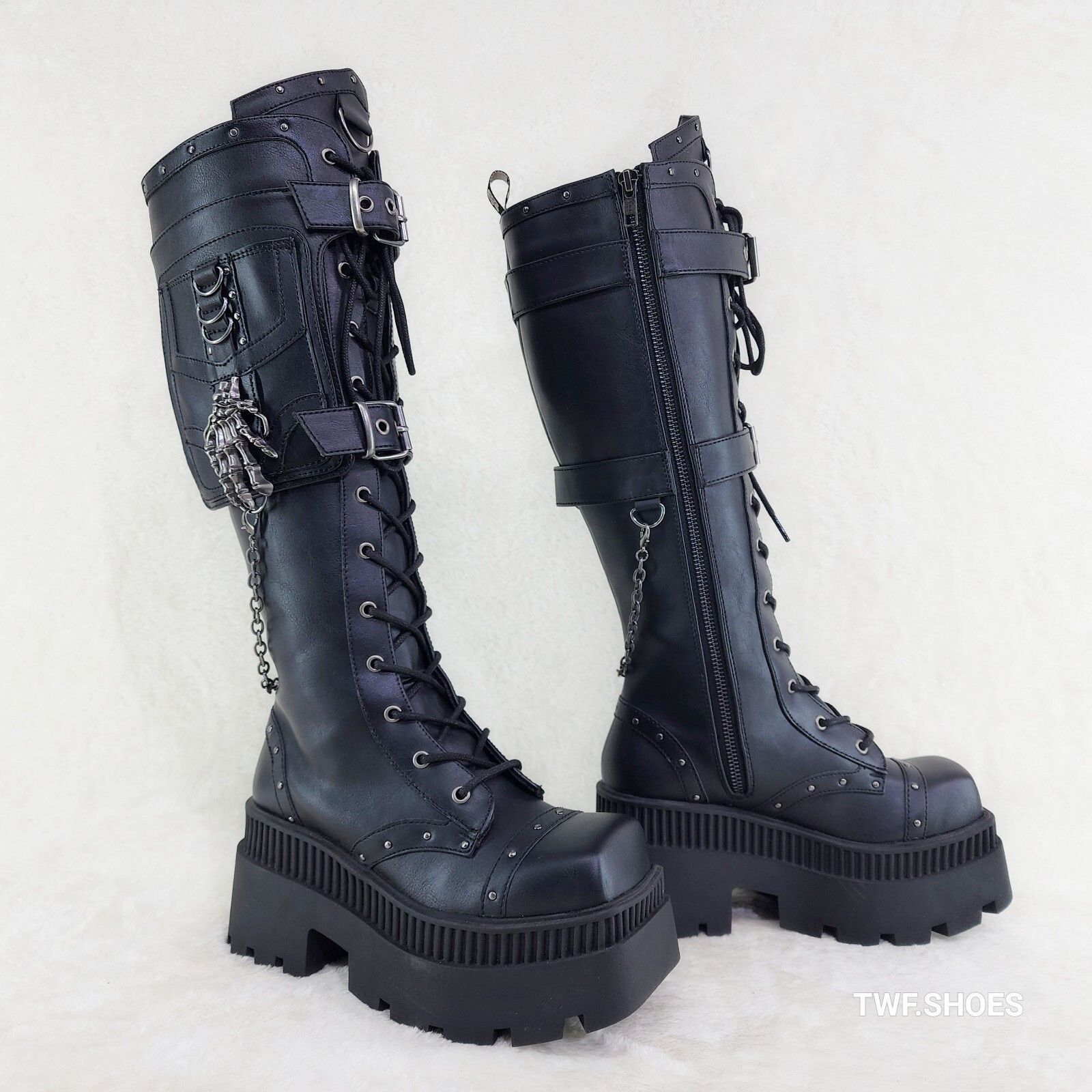 Demonia Cult DEMONIA Wicked Wrath Square Toe Goth Lace Up Knee High Boots Size US 6 / IT 36 - 7 Thumbnail