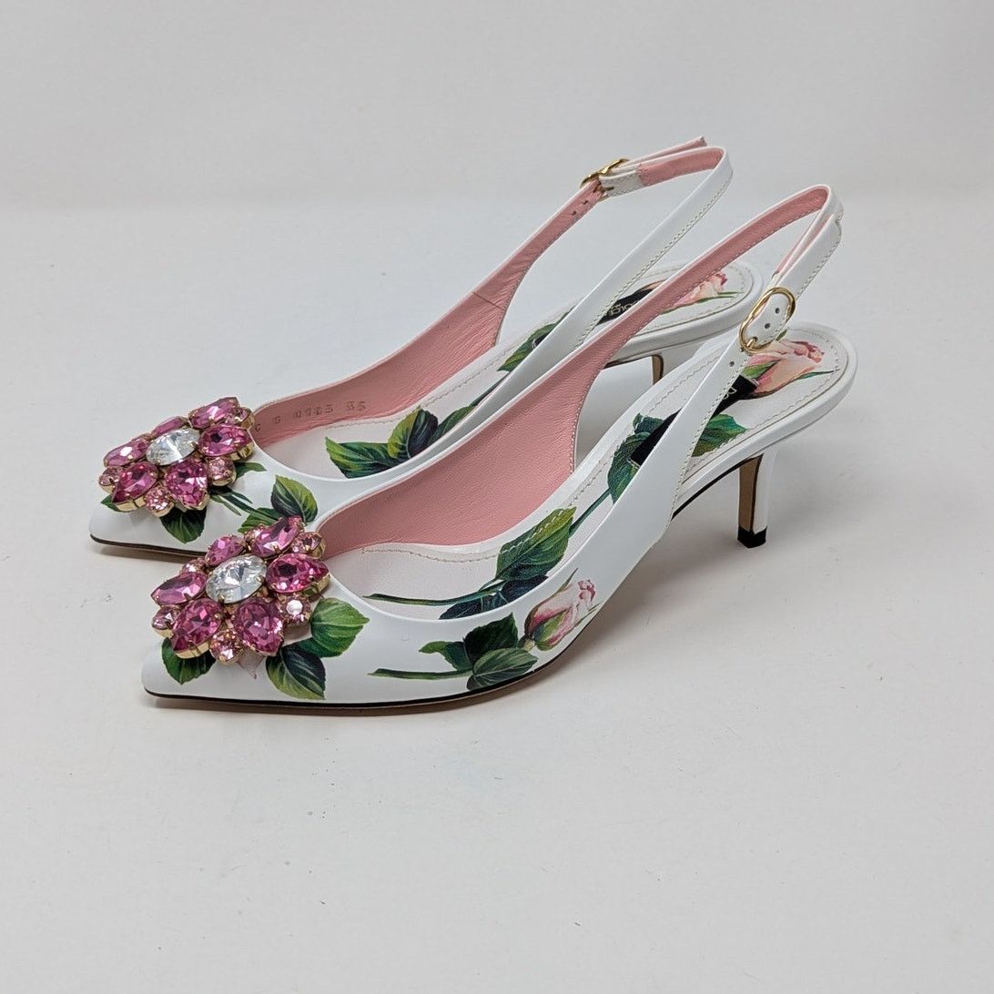 Dolce & Gabbana Dolce & Gabbana Jeweled Bellucci Floral Heels White Pink Size US 5 / IT 35 - 20 Thumbnail