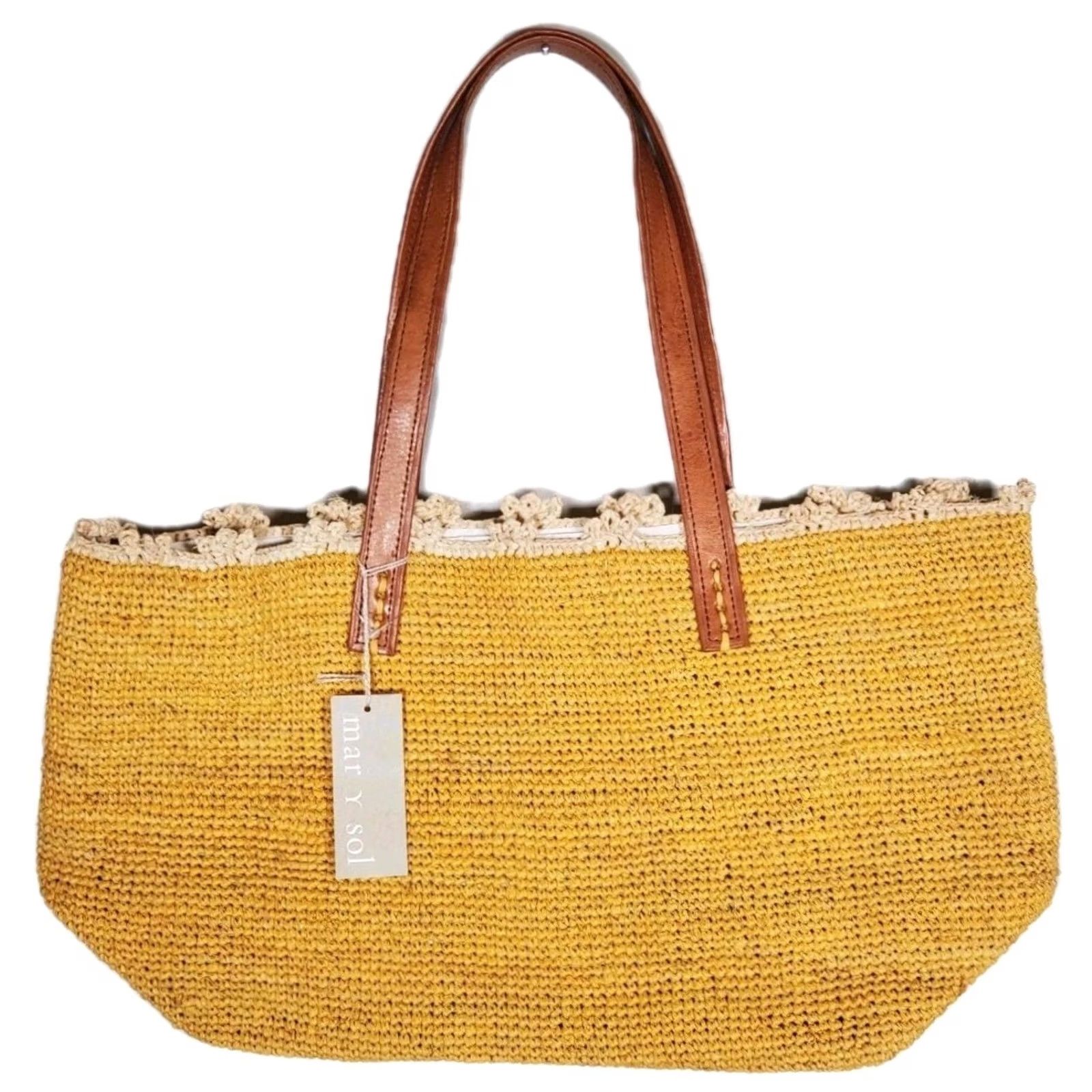 Vintage VINTAGE Mar Y Sol Handmade Hand Bag 100% Crocheted Raffia Sunflower Leather Handles New with Tags Size ONE SIZE - 2 Thumbnail