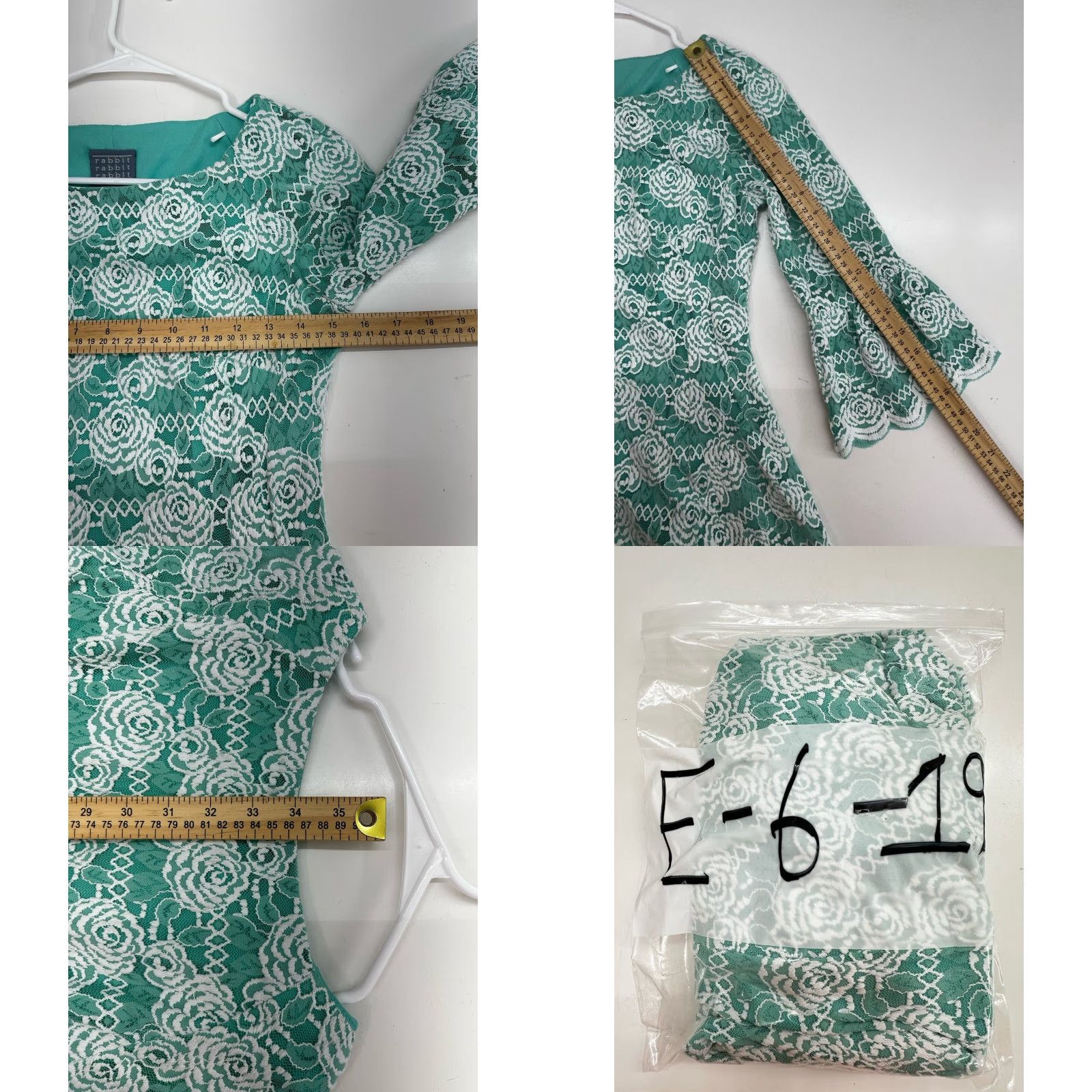 Vintage Rabbit Womens Dress Teal White Lace 3/4 Bell Sleeve Knee Length Size 4 Vintage No Floral Bohemian Designer Style Dresses Size S / US 4 / IT 40 - 8 Thumbnail