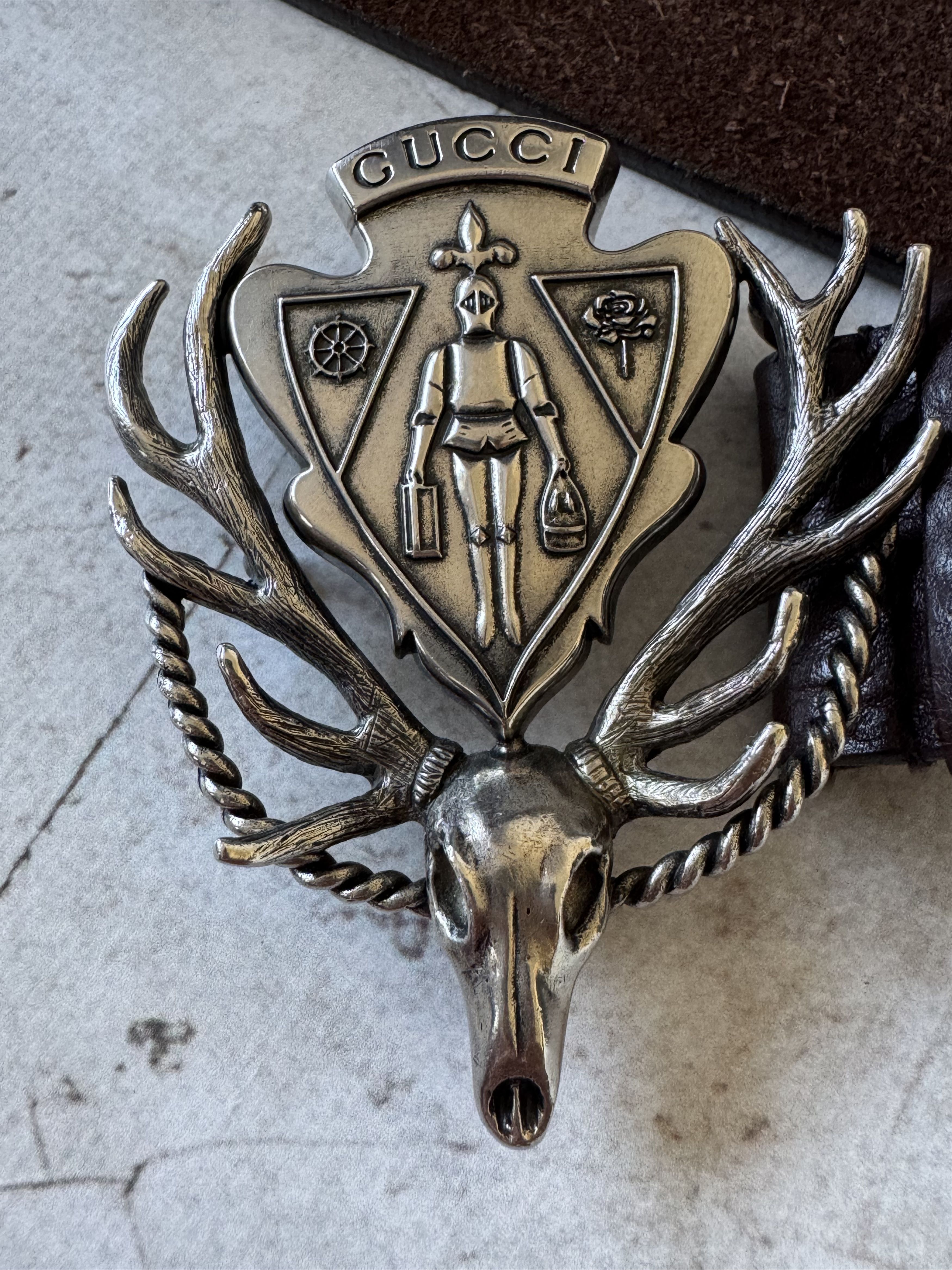 Gucci Gucci Calfskin Leather Silver Antler Crest Buckle Belt Size 34 - 3 Thumbnail