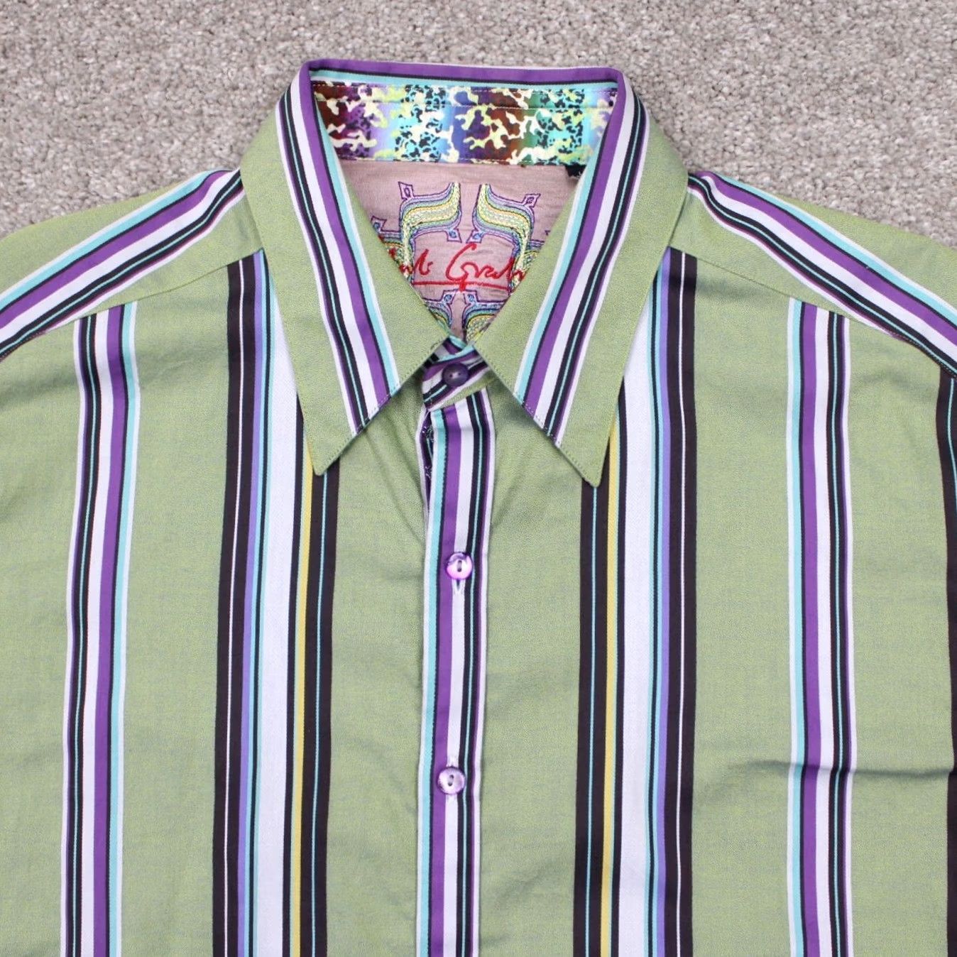 Robert Graham Robert Graham Button-Up Shirt Adult Large Green/Purple Cotton L/S Striped Size US L / EU 52-54 / 3 - 5 Thumbnail