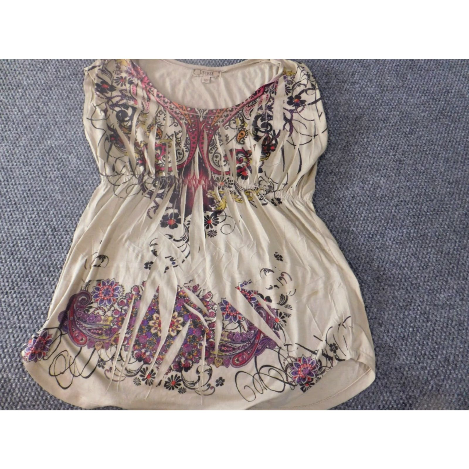 Decree Decree Blouse Womens Large Beige Floral Short Sleeve Crew Neck Pullover Designer Casual Size L / US 10 / IT 46 - 3 Thumbnail