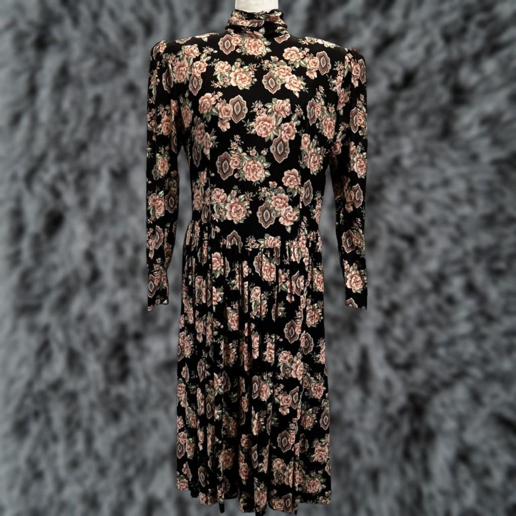 VINTAGE Ann Taylor Floral Midi Dress 14 Women's Multi-Color 1980s Victorian Rayon