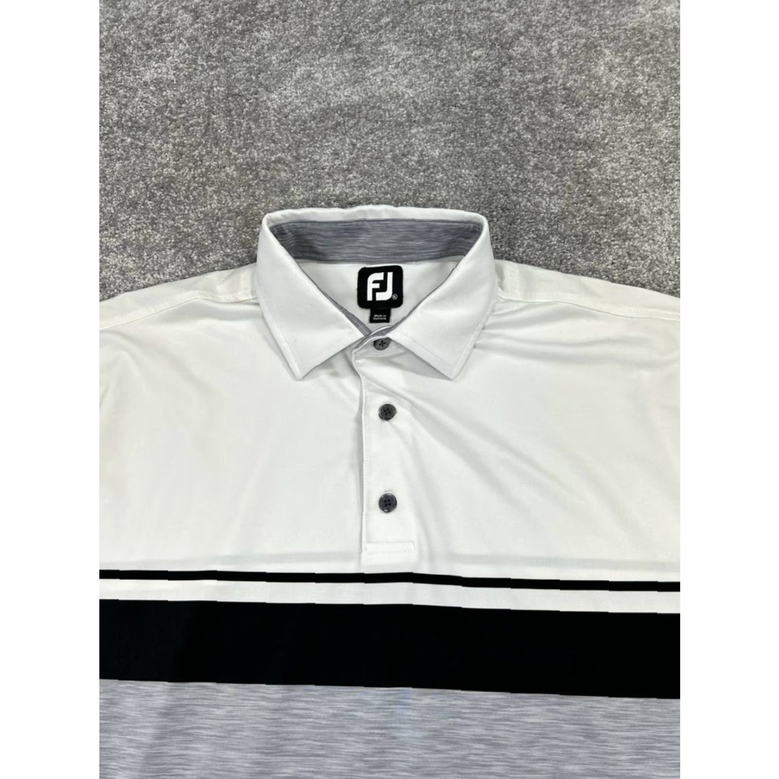 Footjoy FootJoy Polo Shirt Mens XL Gray White Black Golf Striped Short Sleeve Button Collared Sports Performance Stretch Regular Casual Polo Mens XL Gray Size US XL / EU 56 / 4 - 2 Thumbnail