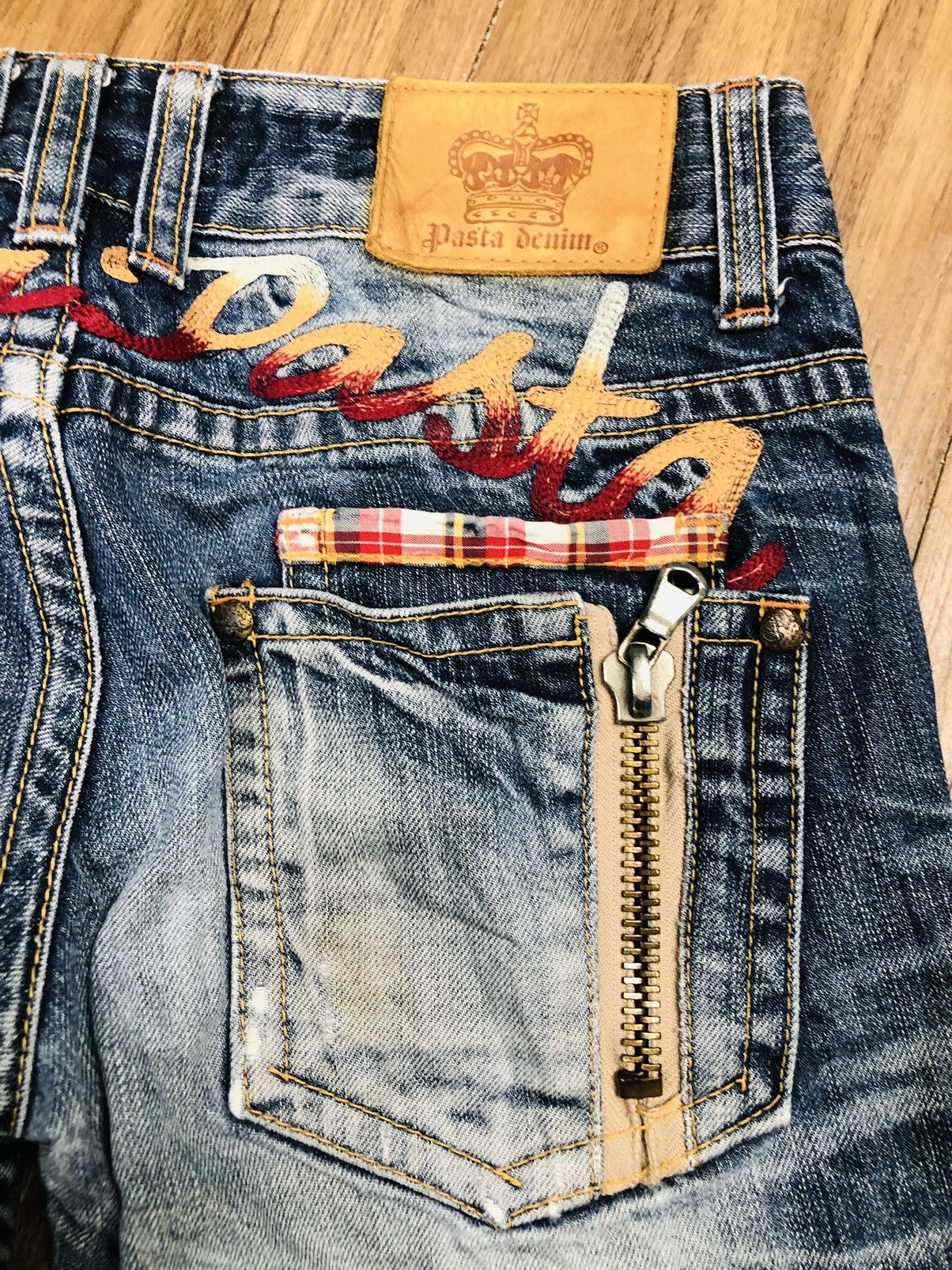 If Six Was Nine Pasta Denim Bootcut Distressed Jeans Plaid Patches (40) Size 26" / US 2 / IT 38 - 19 Thumbnail