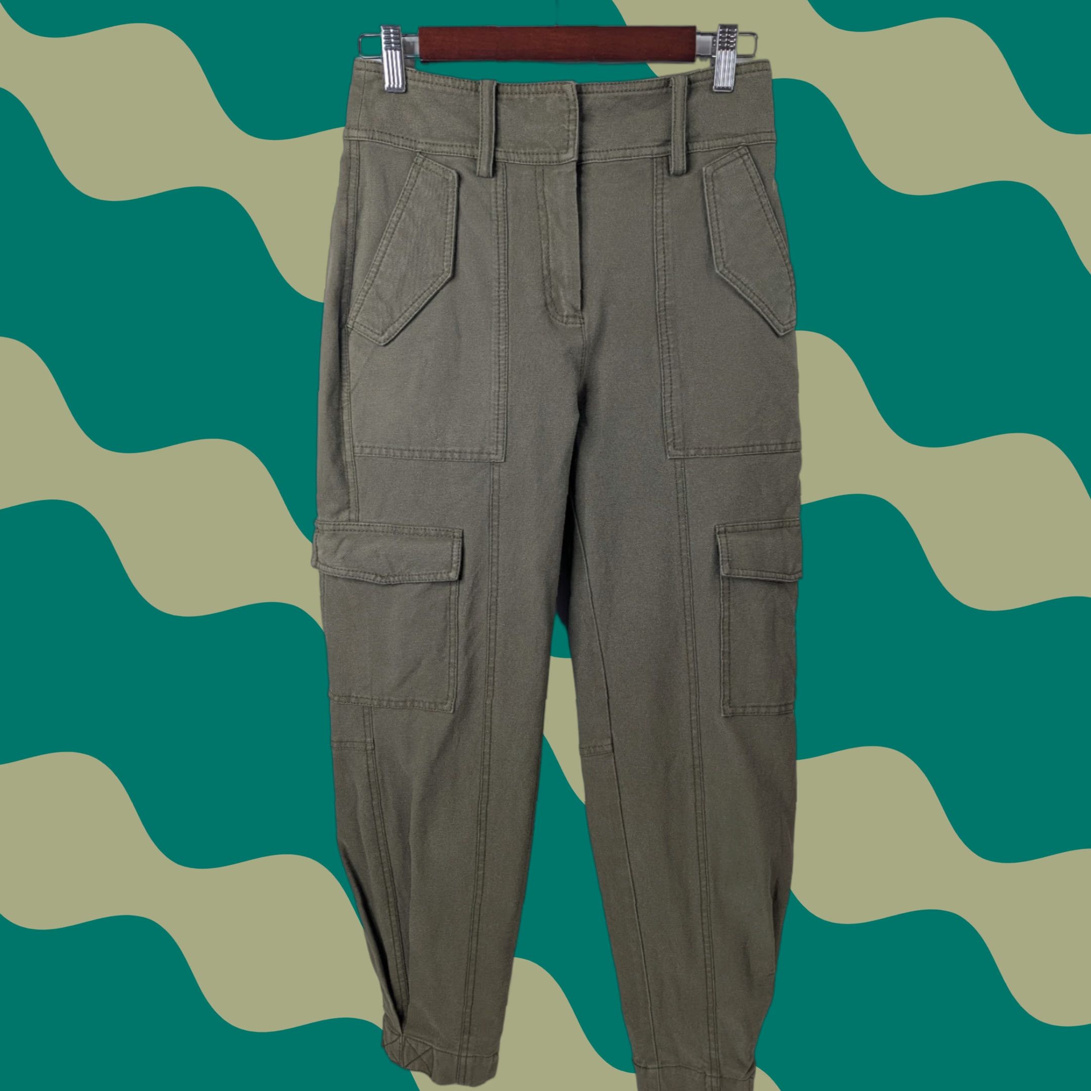 Vintage Derek Lam 10 Crosby Cargo Pants Womens 2 Green Utility Fatigue Military City Quiet Luxury Cargo Pockets Stretch Tailored Regular Tapered Size 26" / US 2 / IT 38 - 1 Thumbnail