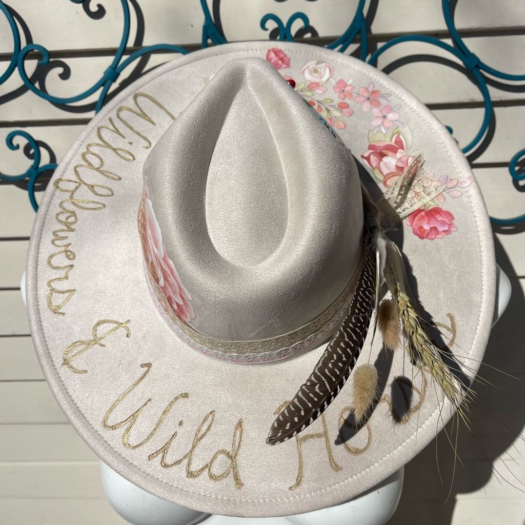 image of Handcrafted Hand Burned Hat | Wide Brim Hat | Branded Hat | Wildflowers in Cream, Women's