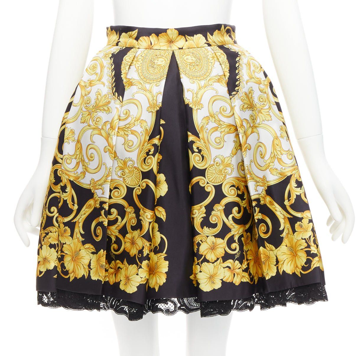 Versace VERSACE 2018 100% silk Barocco Hibiscus print lace trimmed flared skirt IT36 XS Size 25" / US 0 / IT 36 - 1 Thumbnail