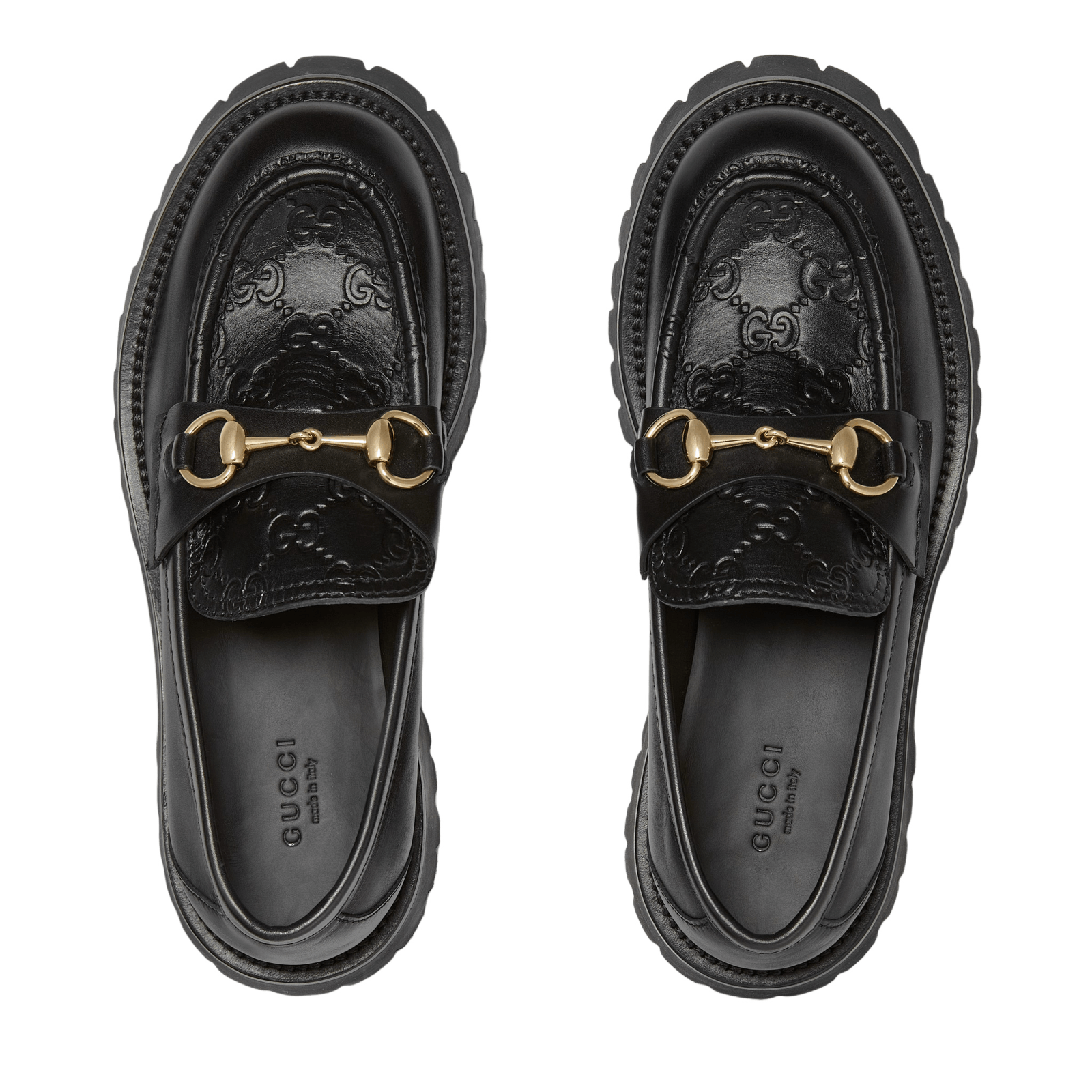GUCCI Women's Black GG Leather Horsebit Lug Sole Loafers