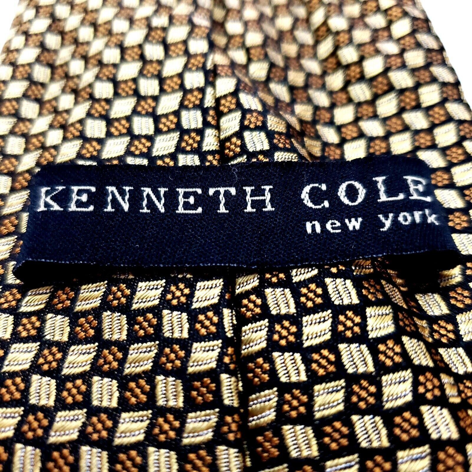 Kenneth Cole Kenneth Cole Silk Tie Yellow Woven Geometric Handmade Size ONE SIZE - 4 Thumbnail