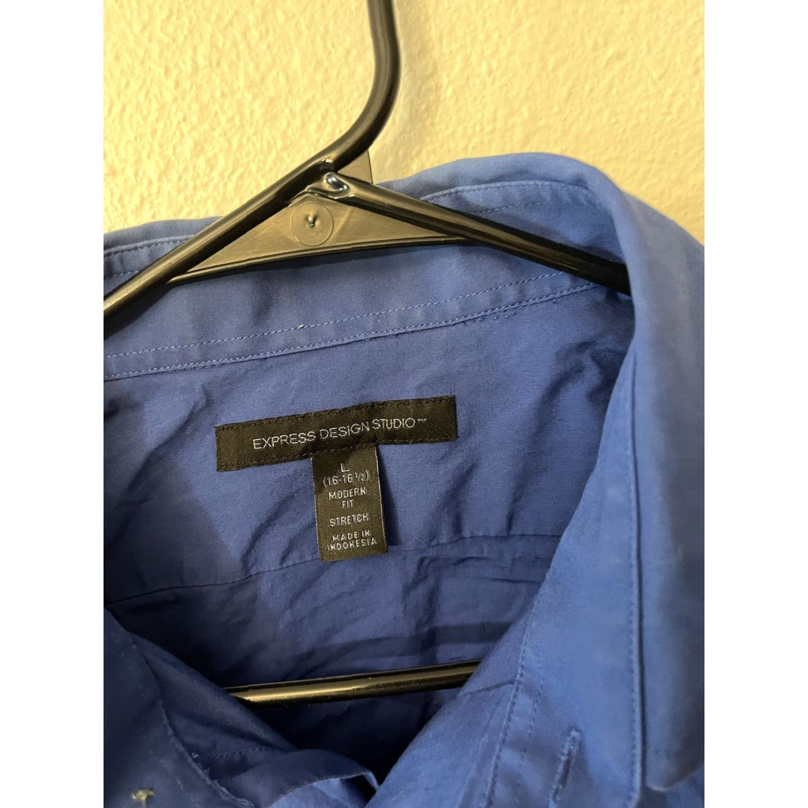 Express VINTAGE EXPRESS Dress Shirt Blue Solid 100% Cotton L Collar Point Long Sleeve Regular Mens Large Blue 16.5 Neck Modern Design Size 42R - 3 Thumbnail