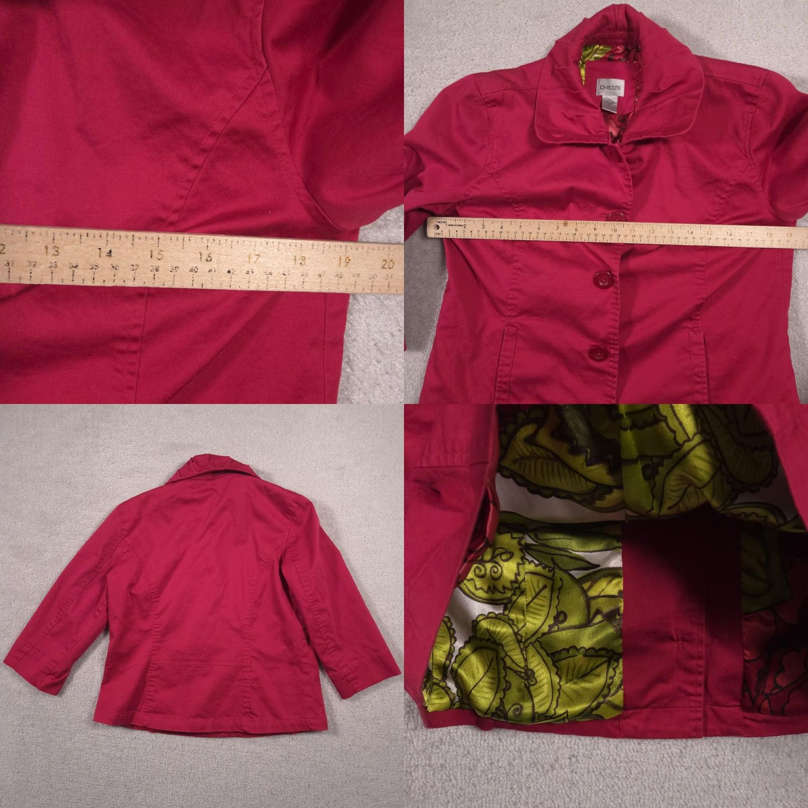 Vintage Chico's Jacket Womens 1 Red Twill 3/4 Sleeve Button Front Lined Collar Pockets Size XS / US 0-2 / IT 36-38 - 8 Thumbnail