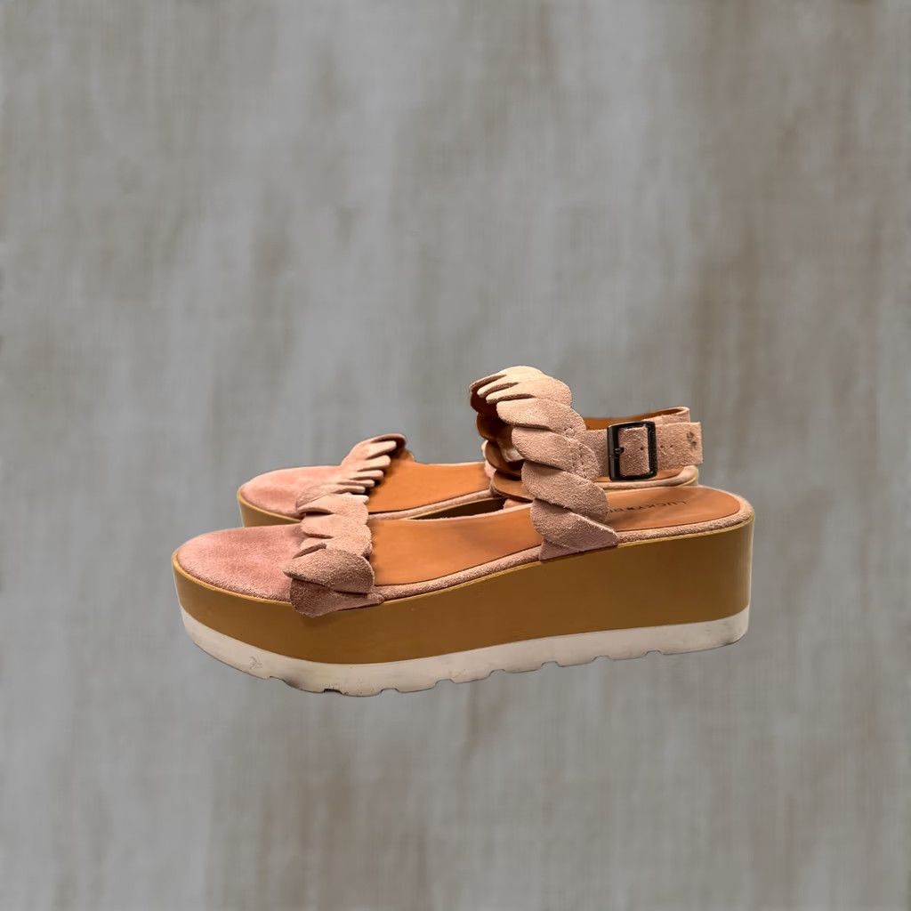 Lucky Brand Lucky Brand Vellenora Sandals Womens Pink Suede Scalloped Platform Wedge Buckle 7.5 M 38 Size US 8 / IT 38 - 1 Thumbnail