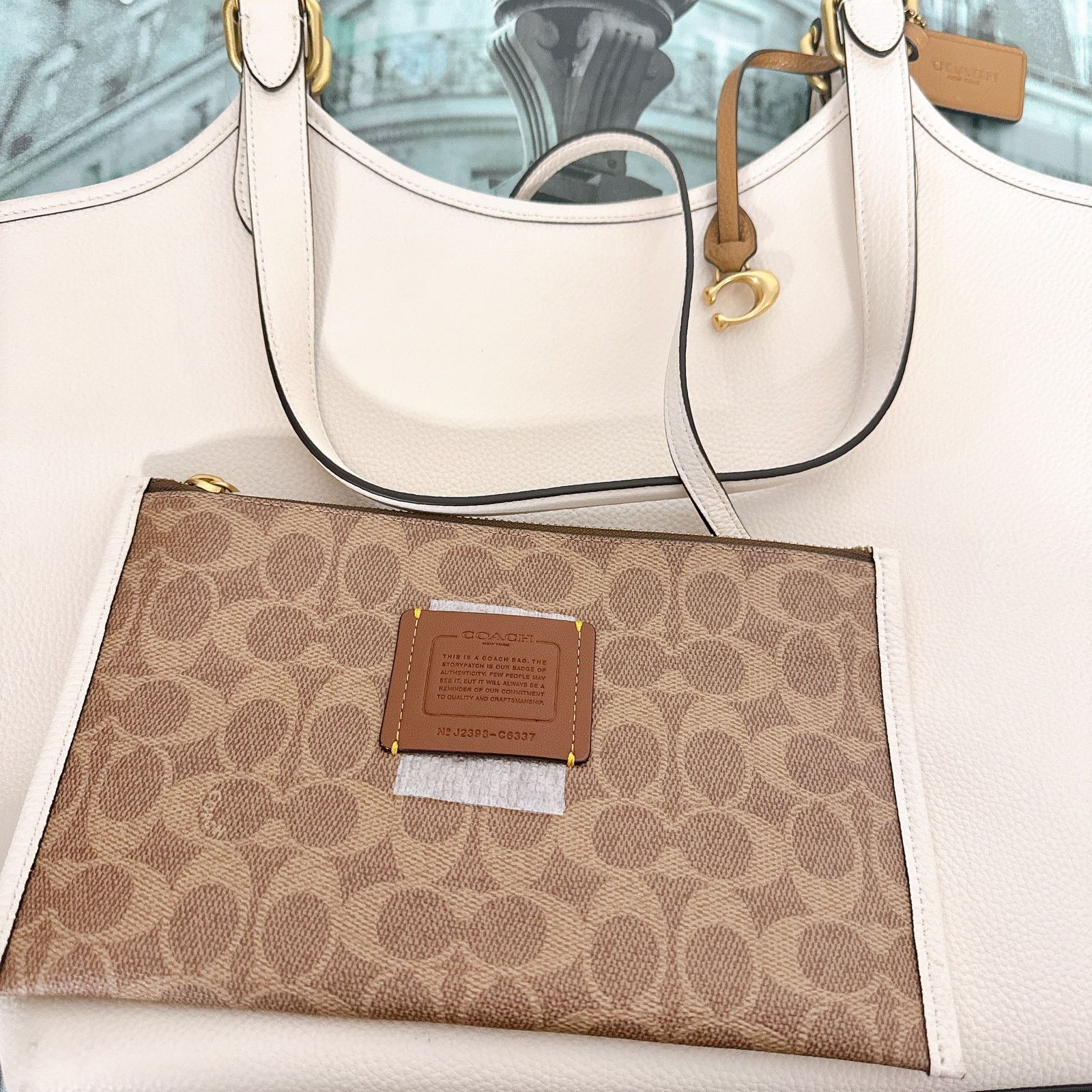 Coach C6337 Pebble Leather Day Tote Bag with Zip Pouch CHALK