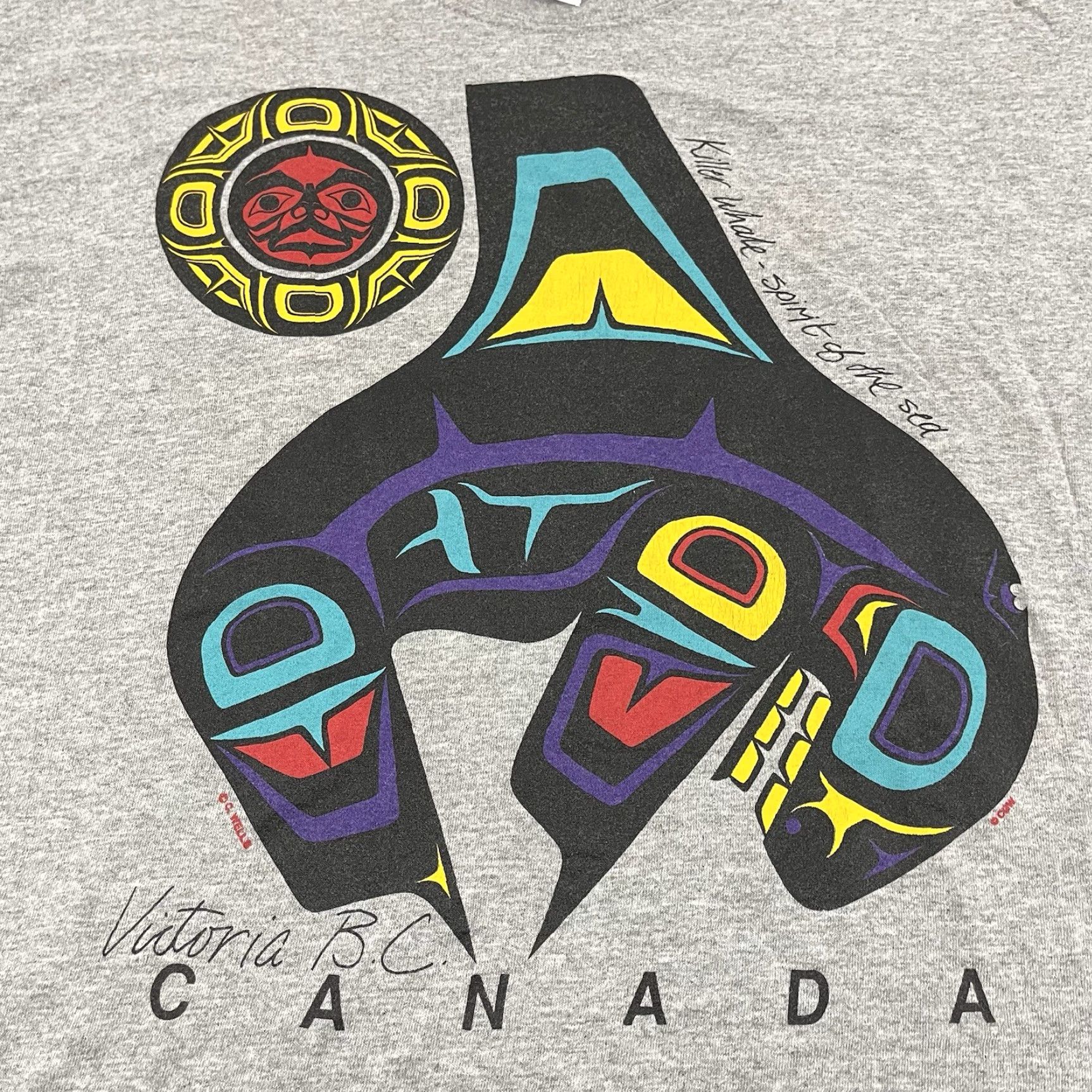 Gildan VINTAGE Gildan T-Shirt Mens Large Gray Victoria BC Canadian Killer Whale Graphic Tee 90s Size US L / EU 52-54 / 3 - 2 Thumbnail