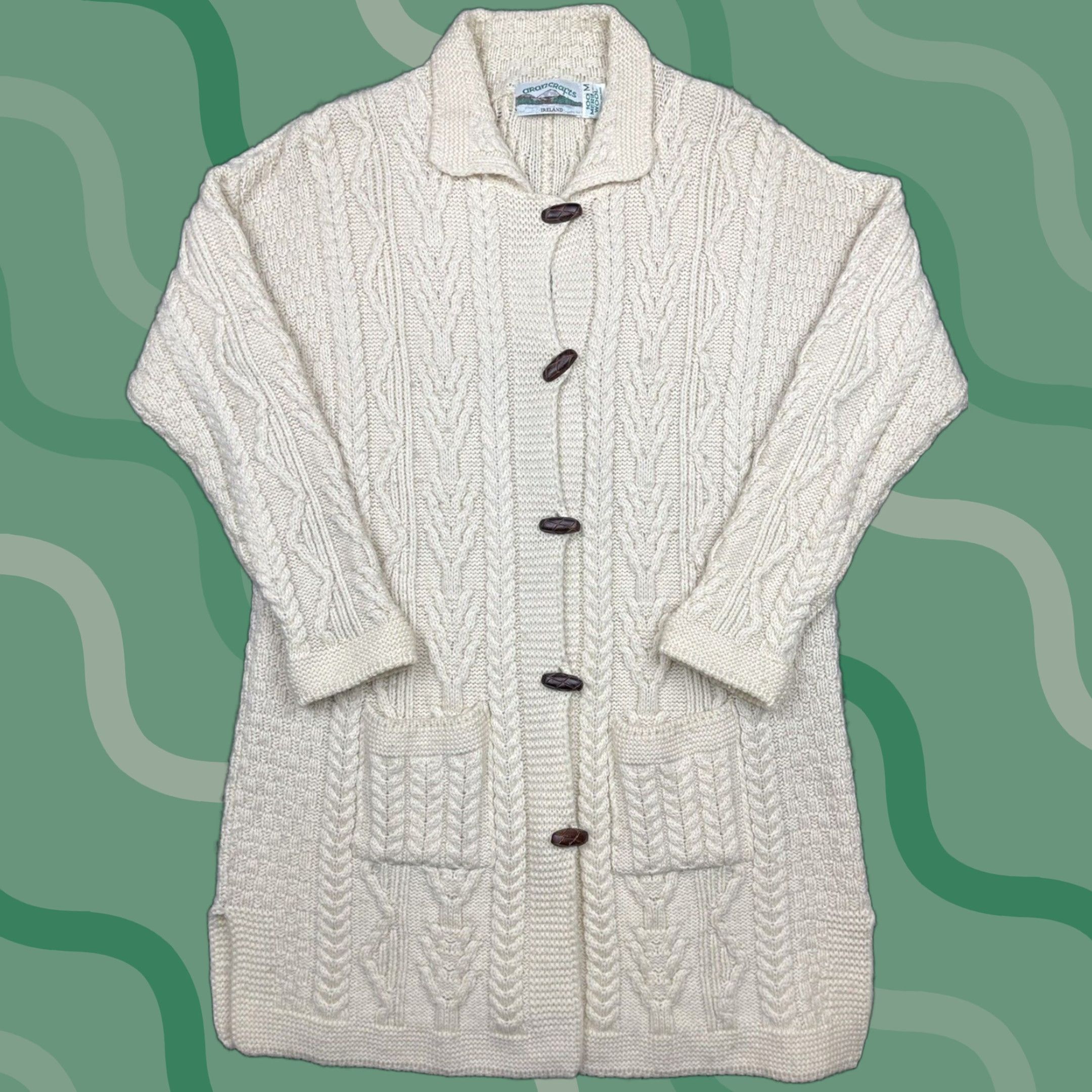 VINTAGE Aran Craft Cardigan Sweater Womens Merino Wool Ivory Long M Ireland Cable Knit with Pockets 100% Merino Wool Celtic Irish Pattern Womens