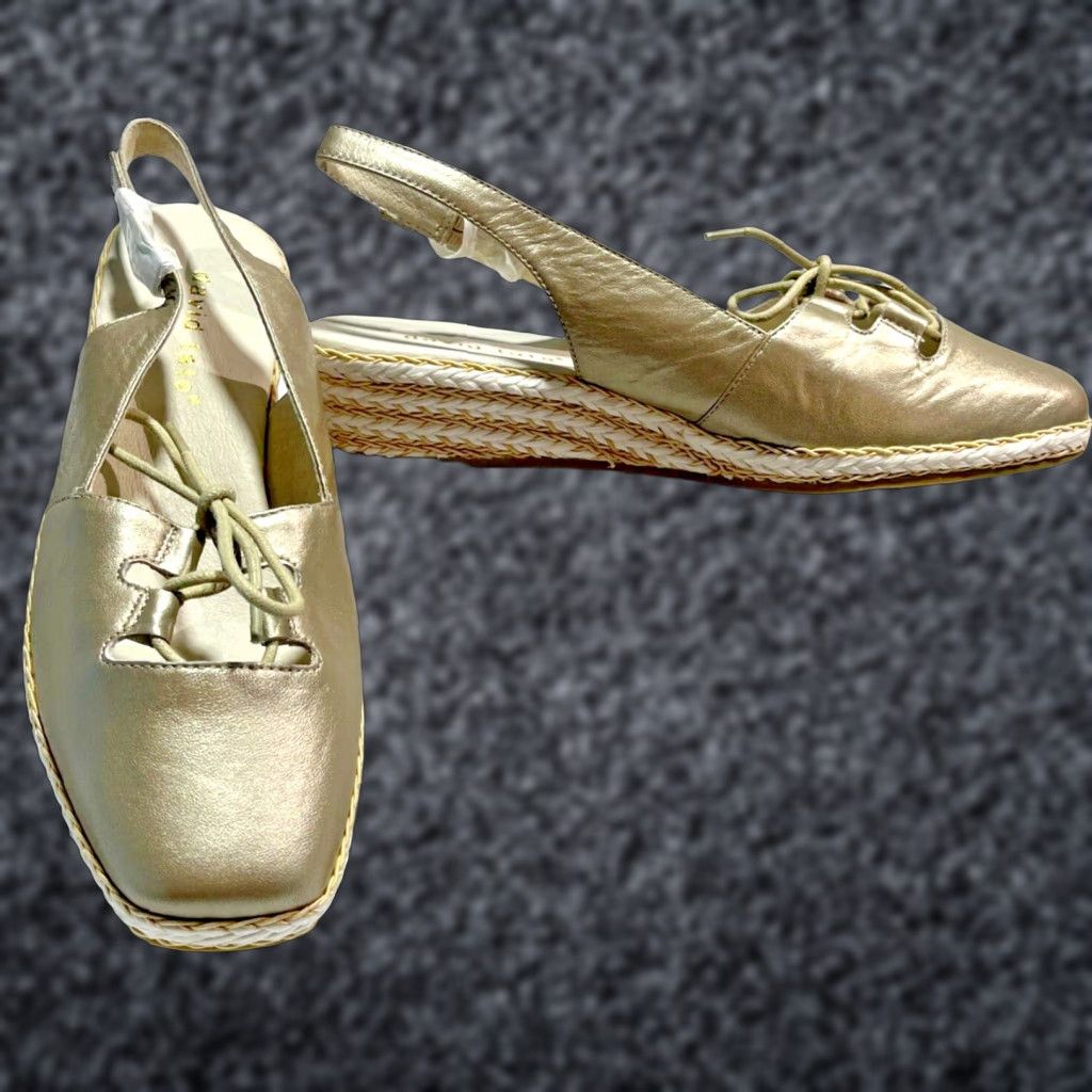 Vintage David Tate Leather Slingback Espadrilles Women's Size 10W Gold Lace Up Wedge Comfort Classic Shoes