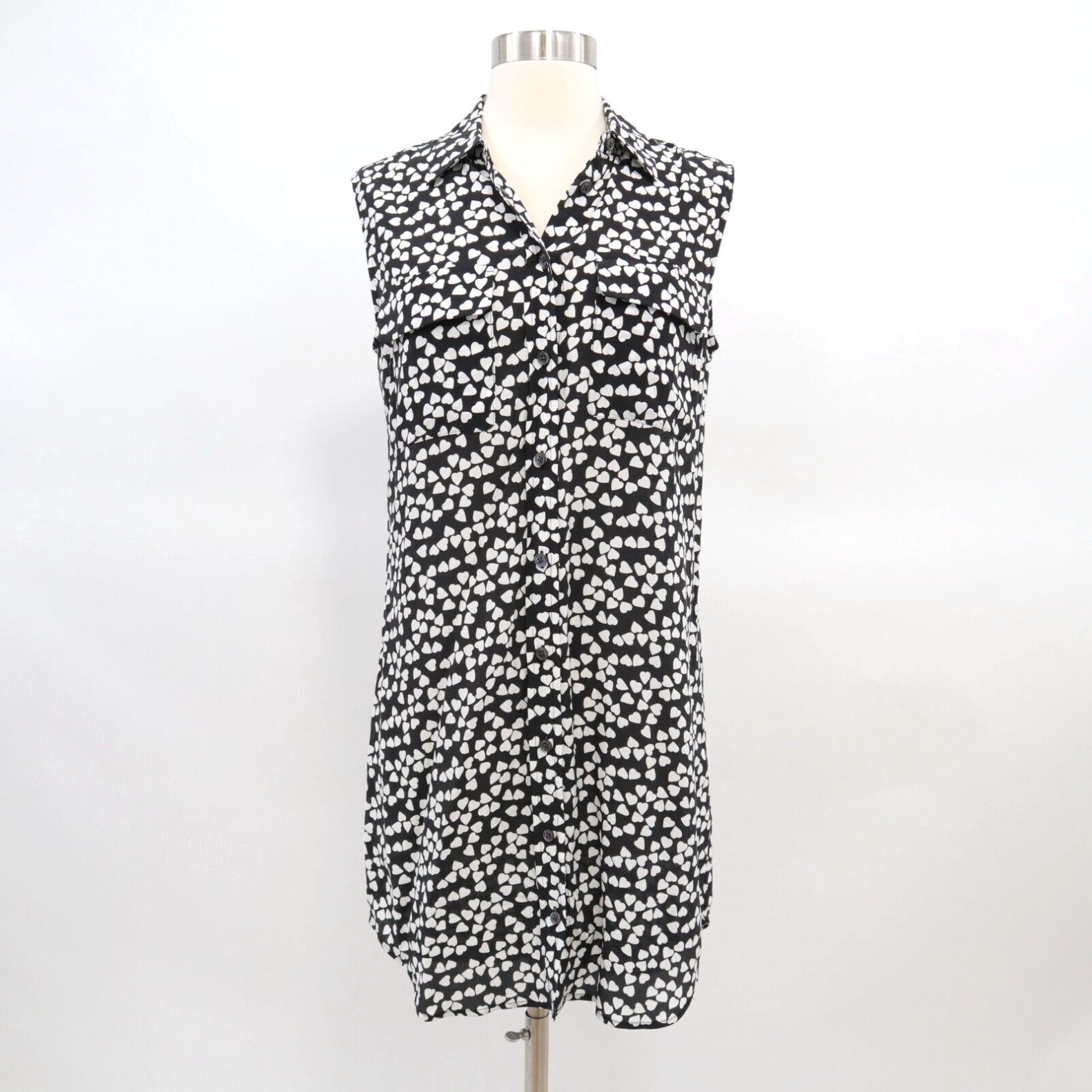 image of Equipment Silk Shirtdress Xs Slim Signature Endless Heart Print Black White, Women's