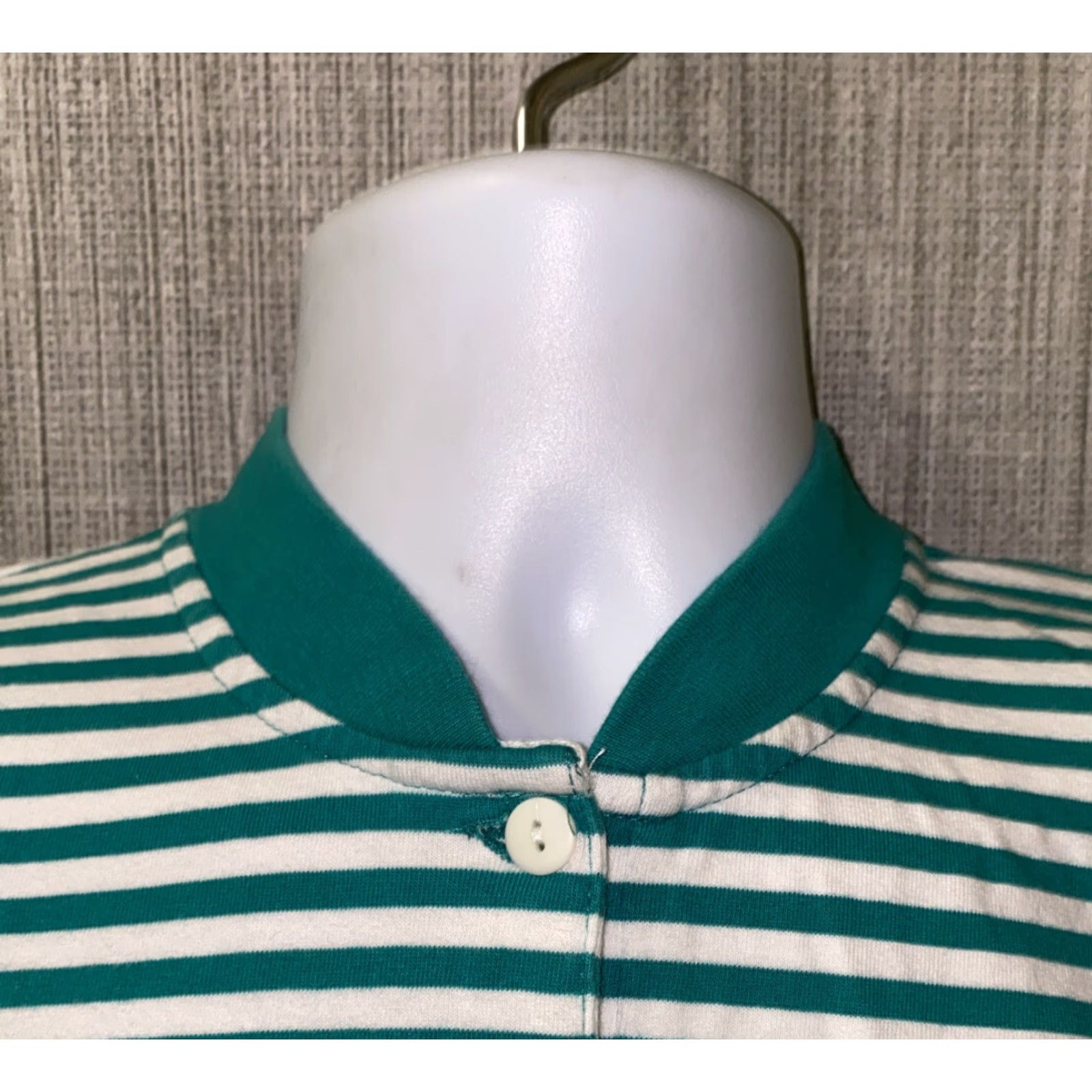 Vintage VINTAGE On Your Mark Men T-Shirt Short Sleeve Henley Cotton Green/White Striped Hip Hop Size L Size US L / EU 52-54 / 3 - 3 Thumbnail