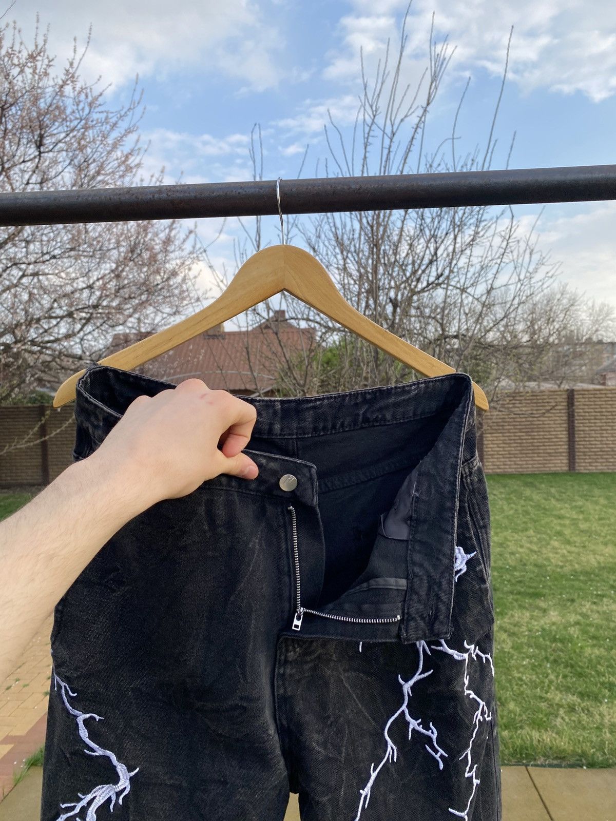 Vintage Black wide-leg jeans with lightning embroidery, Y2K, size L Size US 34 / EU 50 - 8 Thumbnail