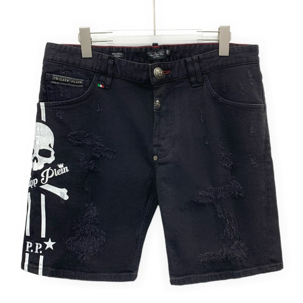 Philipp Plein Philipp Plein Black Skull Cotton Denim Shorts K26WX Size US 33 - 1 Thumbnail