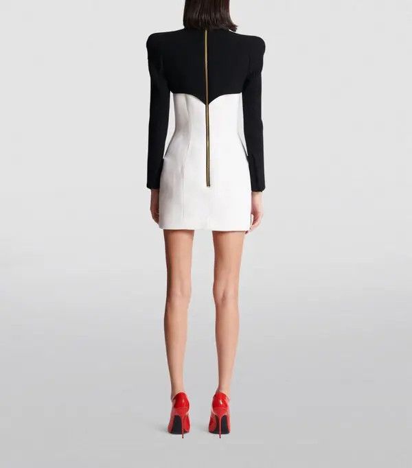 Balmain o1s1wg110825 Wool Crepe Mini Dress in White/Black Size L / US 10 / IT 46 - 5 Thumbnail
