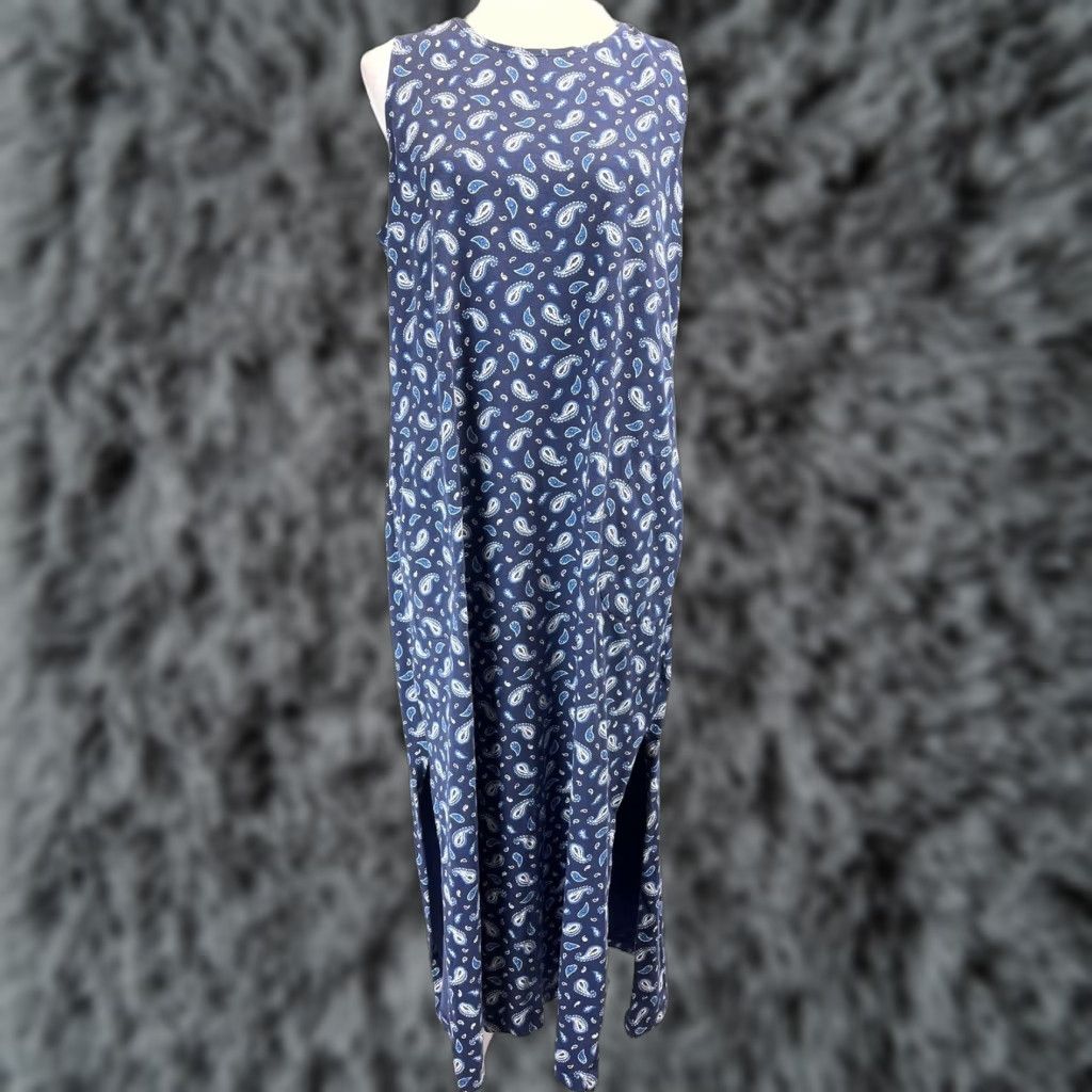 Lands' End Lands’ End Sleeveless Midi Dress M Paisley Blue 100% Cotton Double Side Slits Womens Size M / US 6-8 / IT 42-44 - 1 Thumbnail
