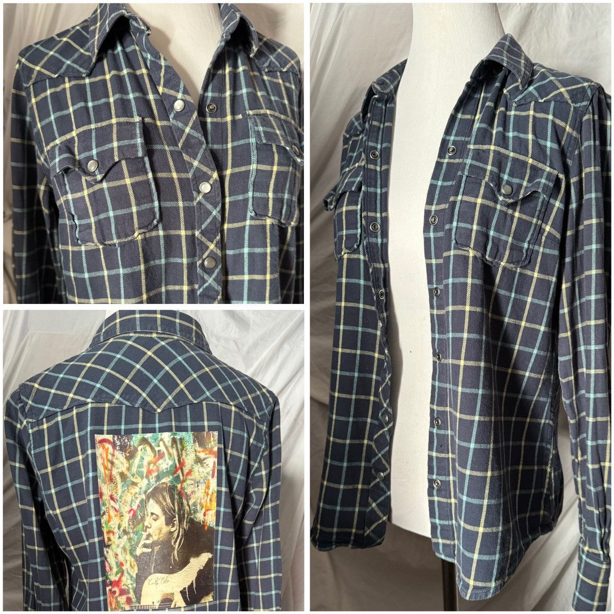 Vintage Vintage, Custom Kurt Cobain Art, Plaid Button Up Size ONE SIZE - 3 Thumbnail