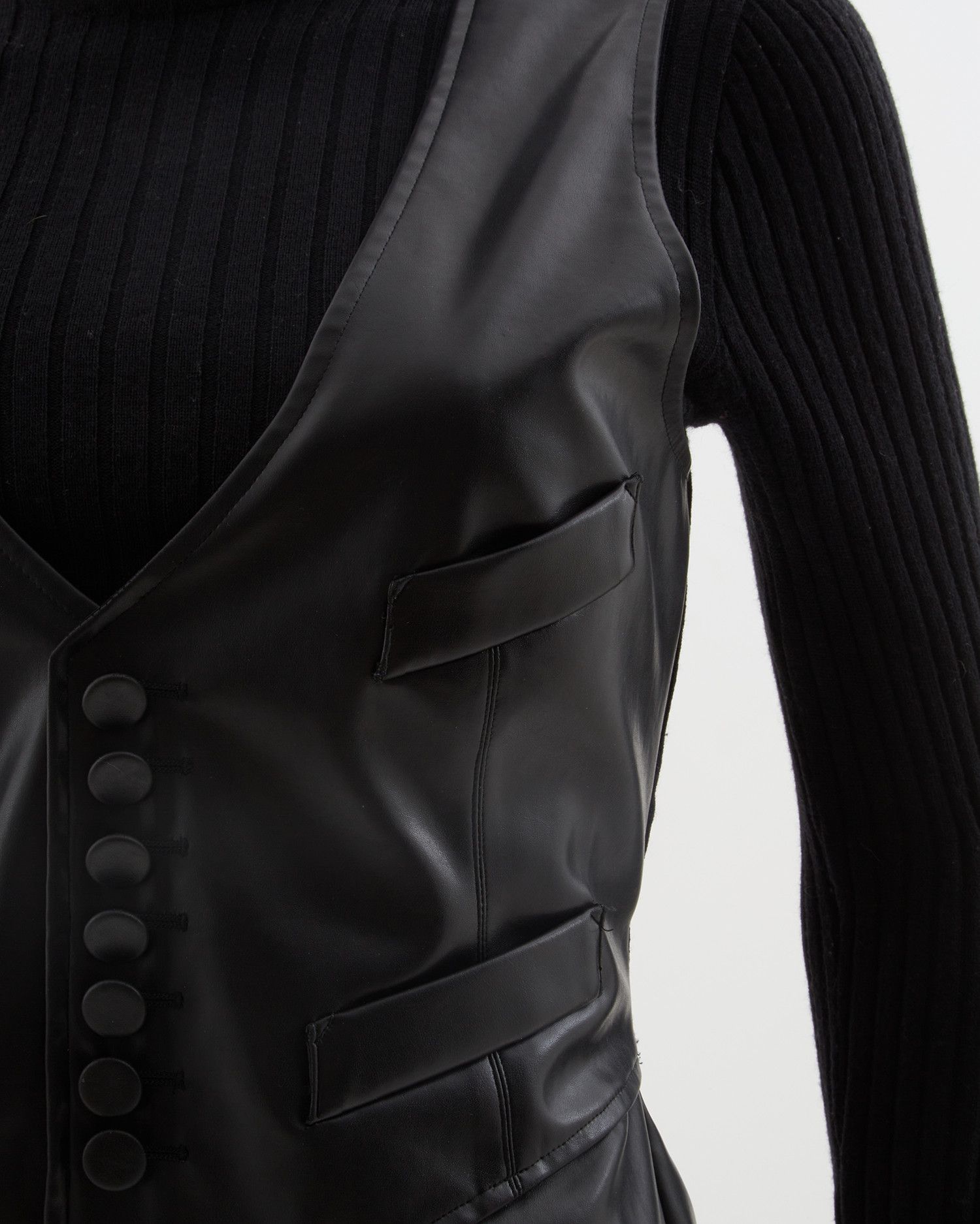 Jean Paul Gaultier Early 90's black leather & ribbed knit high-neck wool dress Size M / US 6-8 / IT 42-44 - 8 Thumbnail