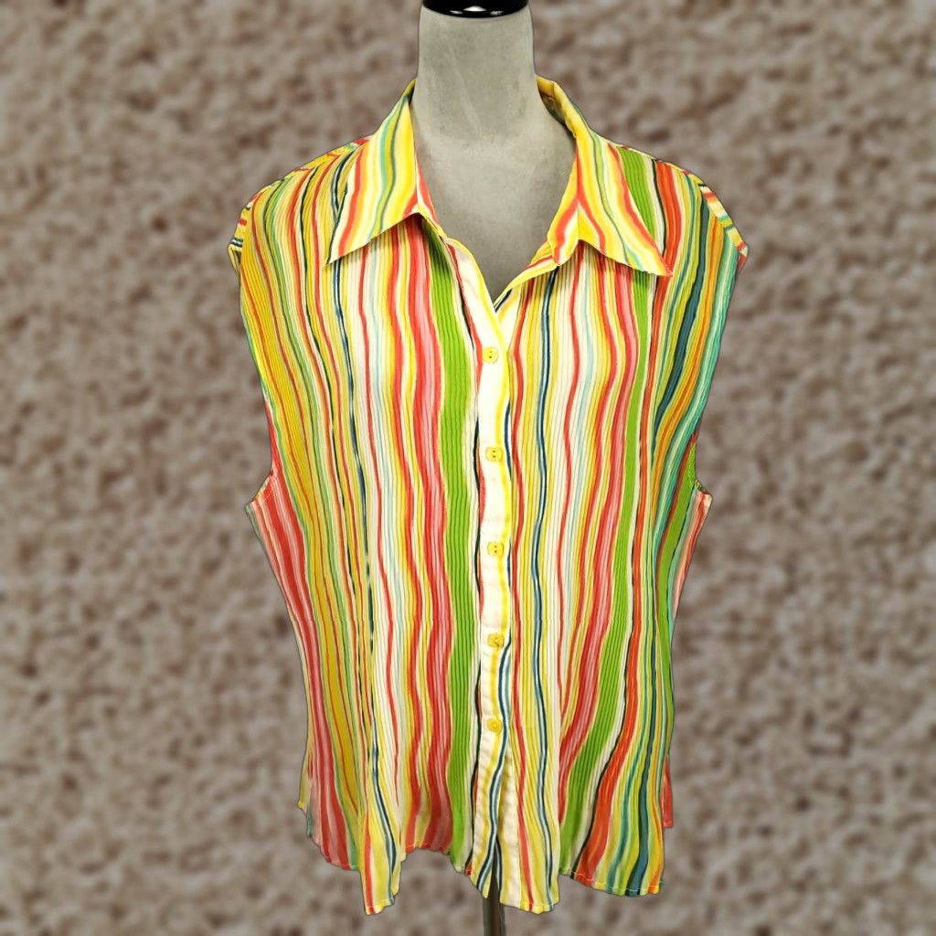 Rainbow Rainbow Colorful Button Up Blouse 2X Multicolor Pleated Texture Womens Size XXL / US 16-18 / IT 52-54 - 1 Thumbnail