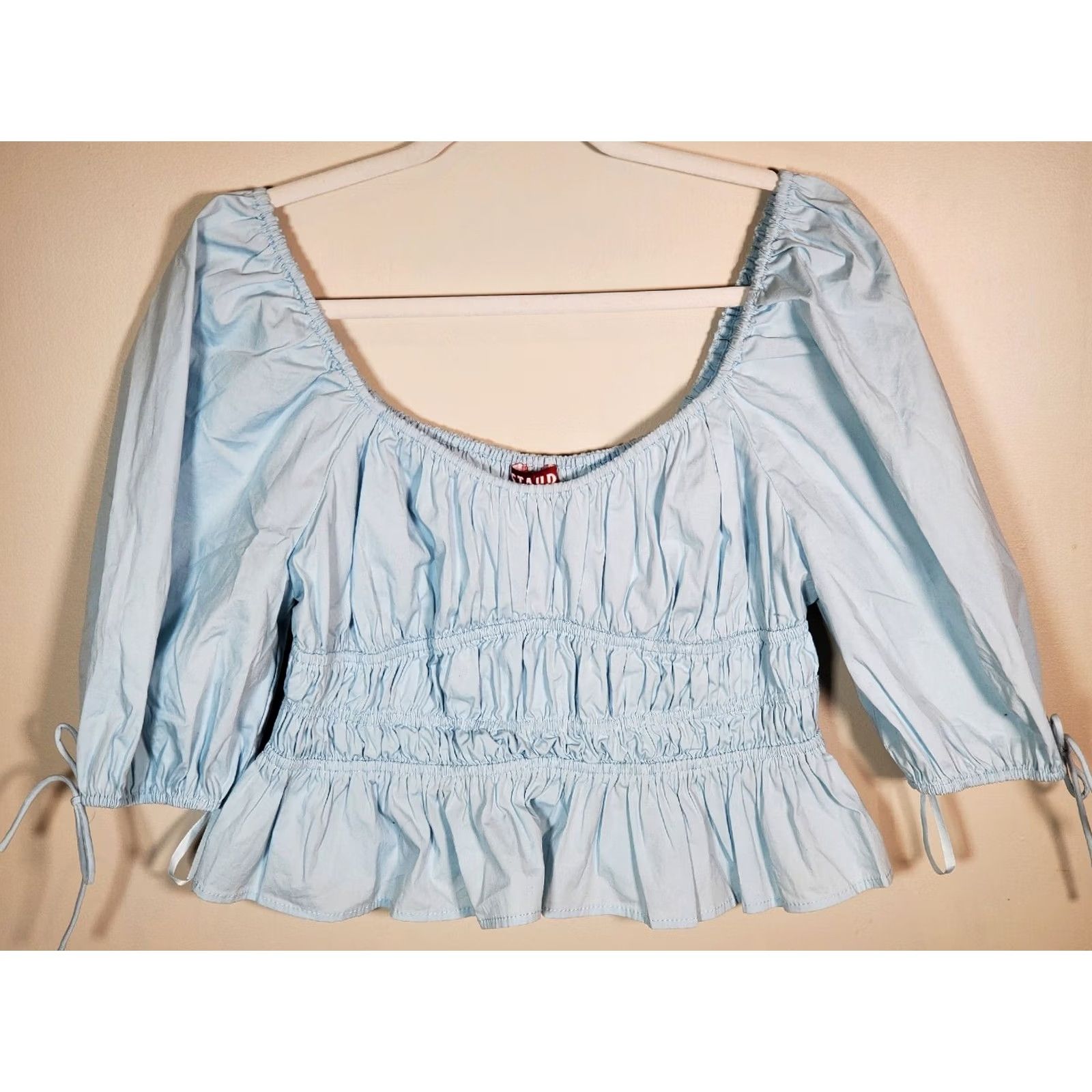 Staud STAUD Faye Smocked Ruffle Blouse Cotton Blend Winter Sky Blue Women's 10 (M) Regular Puff Sleeve Cropped Square Neck Blouse Size L / US 10 / IT 46 - 6 Thumbnail
