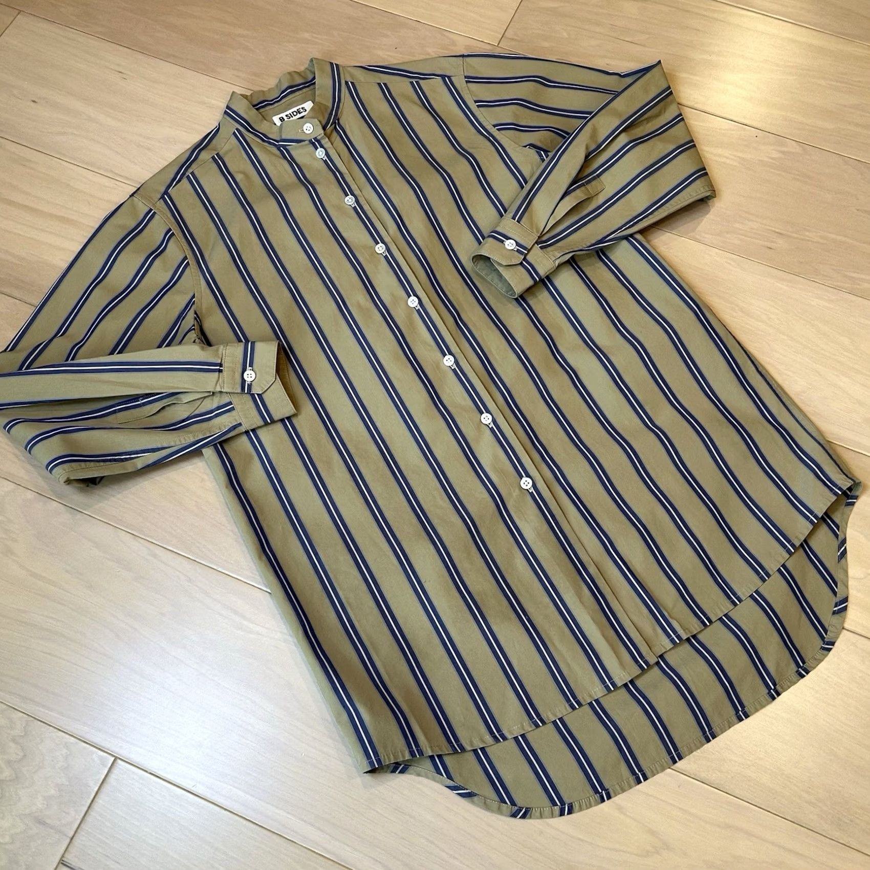 B Sides B Sides Striped Neutrals Tunic Mock Neck Button Up Top XS Women’s Tan Casual Sleeve Striped Pattern 100% Cotton Vintage? No Size XS / US 0-2 / IT 36-38 - 2 Thumbnail