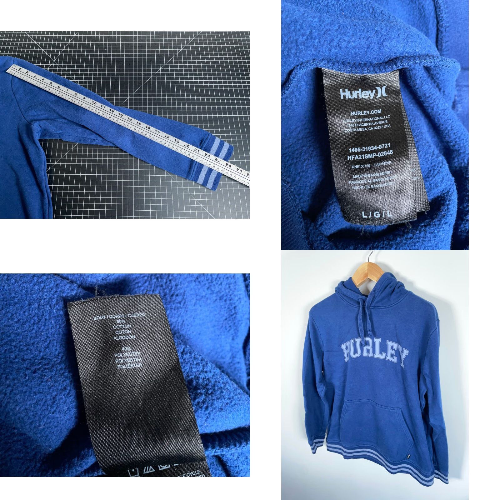 Hurley Hurley Hoodie Men Large Blue Spell Out Pullover Drawstring Sweatshirt Y2K Vintage Graphic Print Pocket Logo Crew Neck Size US L / EU 52-54 / 3 - 8 Thumbnail