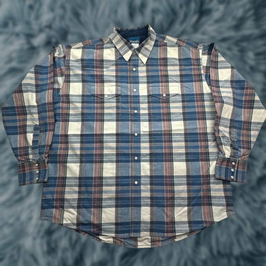 Wrangler VINTAGE Wrangler Western Pearl Snap Denim Chambray Plaid Long Sleeve Shirt XXL Mens Blue Plaid 90s Button-Up Shirt Size US XXL / EU 58 / 5 - 1 Thumbnail