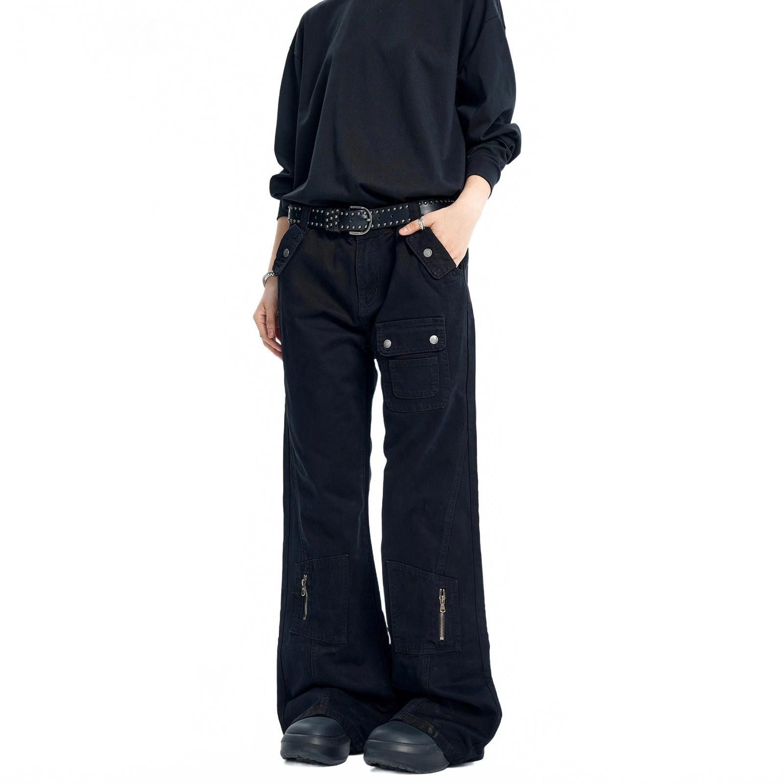 Japanese Brand Black Wide Leg Cargo Pants with Zipper Details Size US 32 / EU 48 - 3 Thumbnail