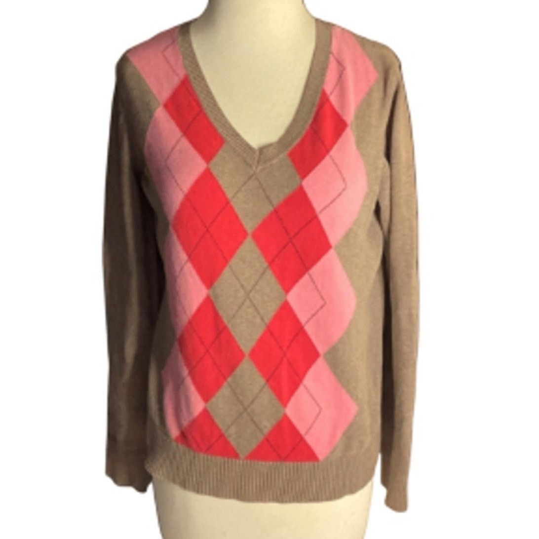 Izod Preppy Retro Argyle Knit Sweater Brown Pink Red V-Neck IZOD Size M / US 6-8 / IT 42-44 - 2 Thumbnail
