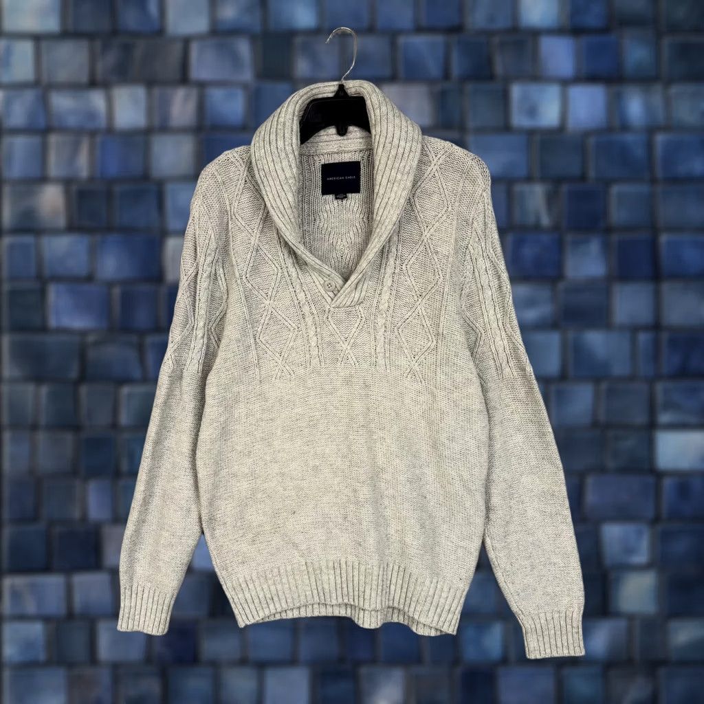 American Eagle Outfitters American Eagle Sweater Mens Large Gray Cable Knit Shawl Preppy Academia Grandpa Size US L / EU 52-54 / 3 - 1 Thumbnail