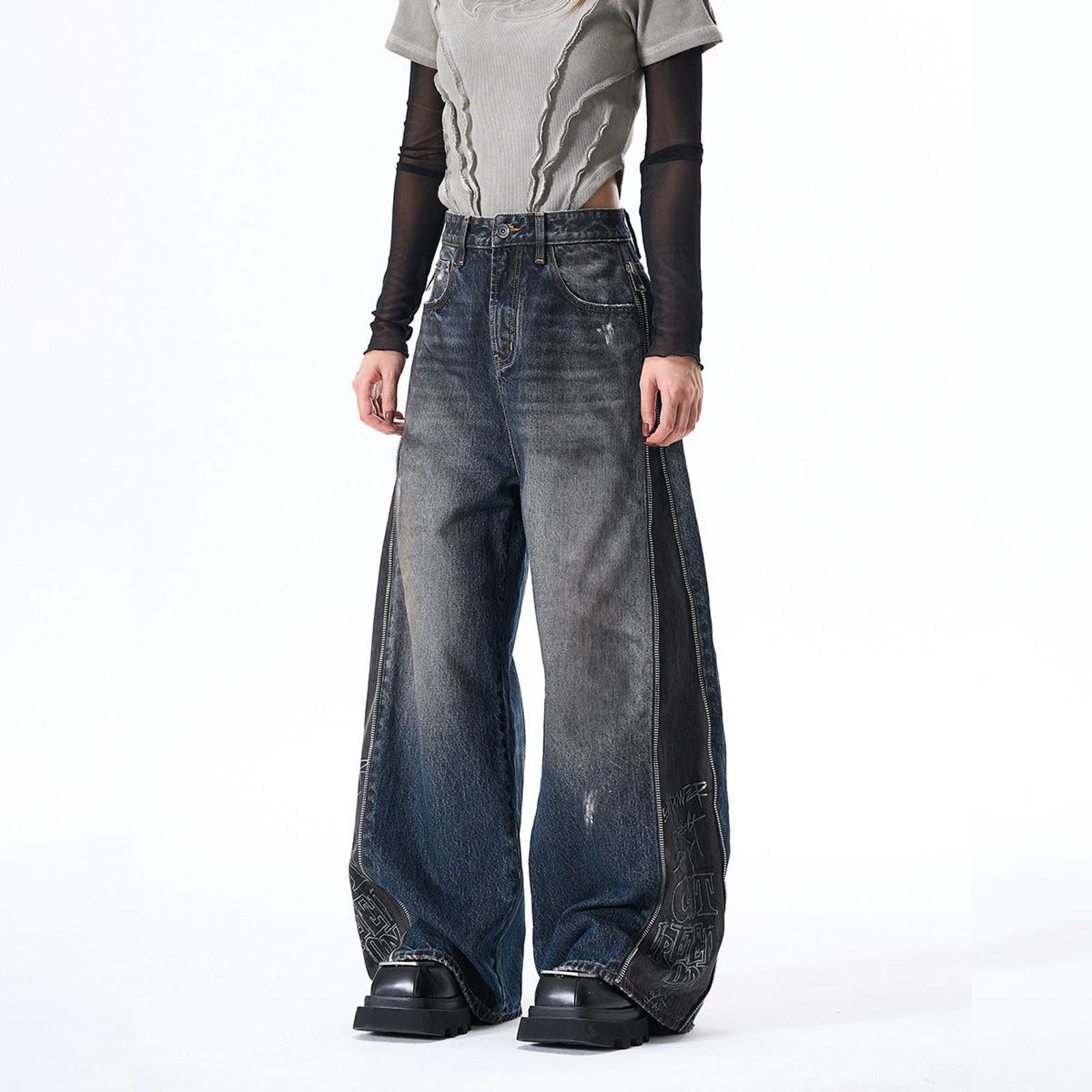 Vintage Distressed Baggy Wide Leg Jeans, Barrel Leg Jeans Size 32" / US 10 / IT 46 - 2 Thumbnail