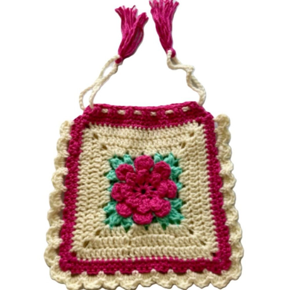 Handmade Crochet Purse Granny Square 3D Flower Pink Mint Cream 9" Dra Size ONE SIZE - 1 Thumbnail