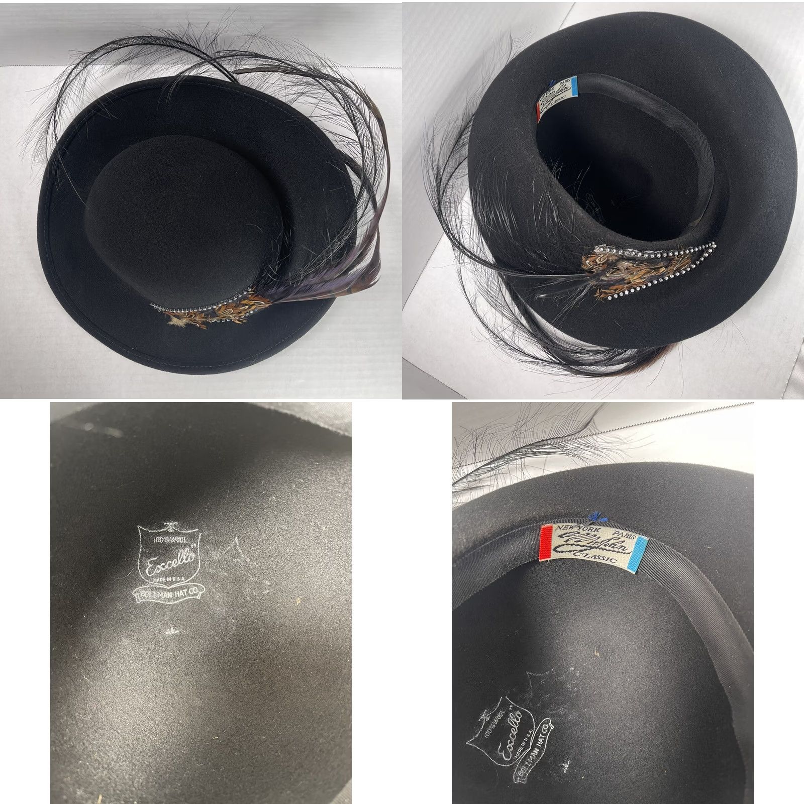 FELT VINTAGE Bollman Exccello Kentucky Derby Wool Felt Black Hat Rhinestone Feather Hat Ladies Mens Size ONE SIZE - 10 Thumbnail