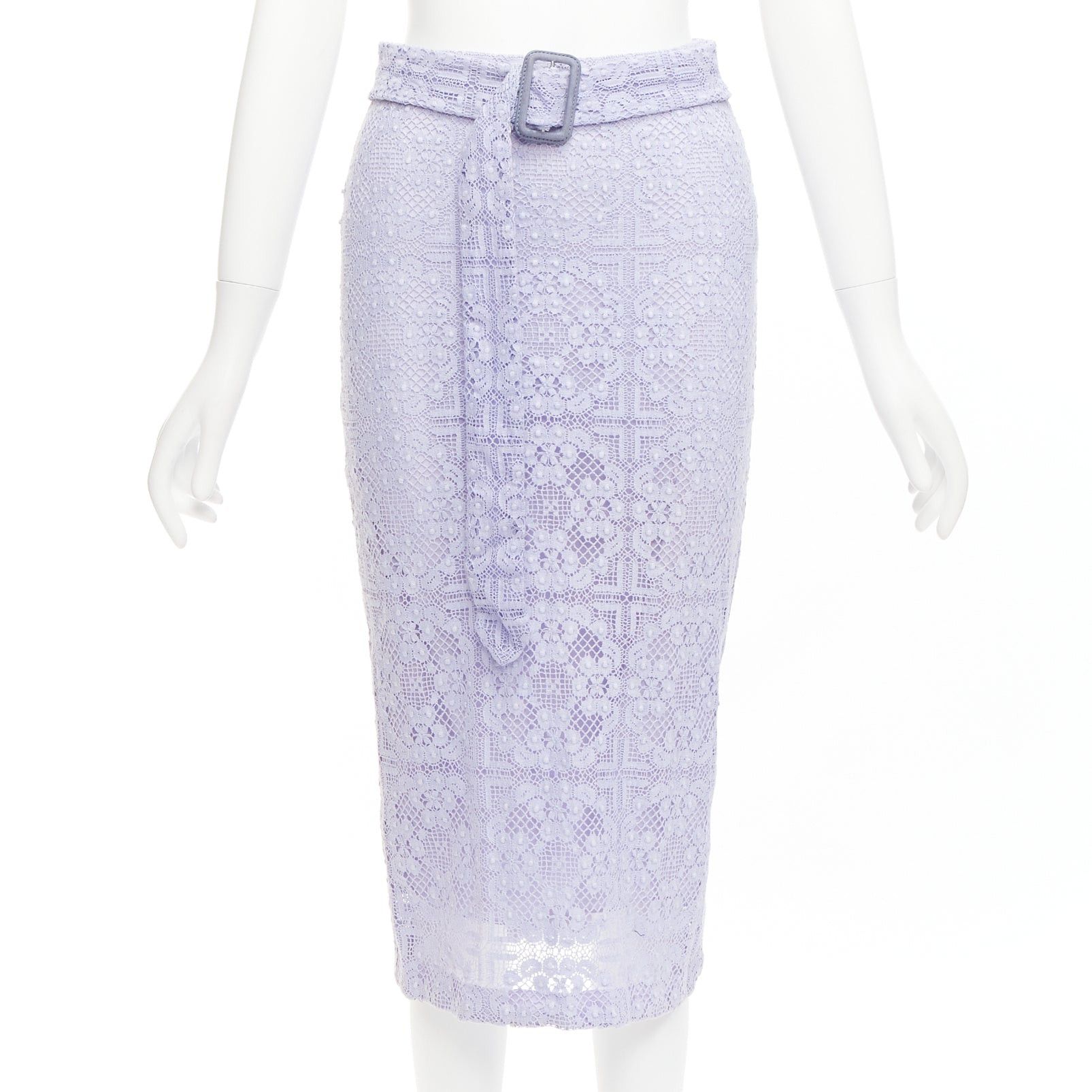 Burberry BURBERRY Runway lilac purple cotton blend lace belted pencil skirt IT36 XXS Size 25" / US 0 / IT 36 - 1 Thumbnail