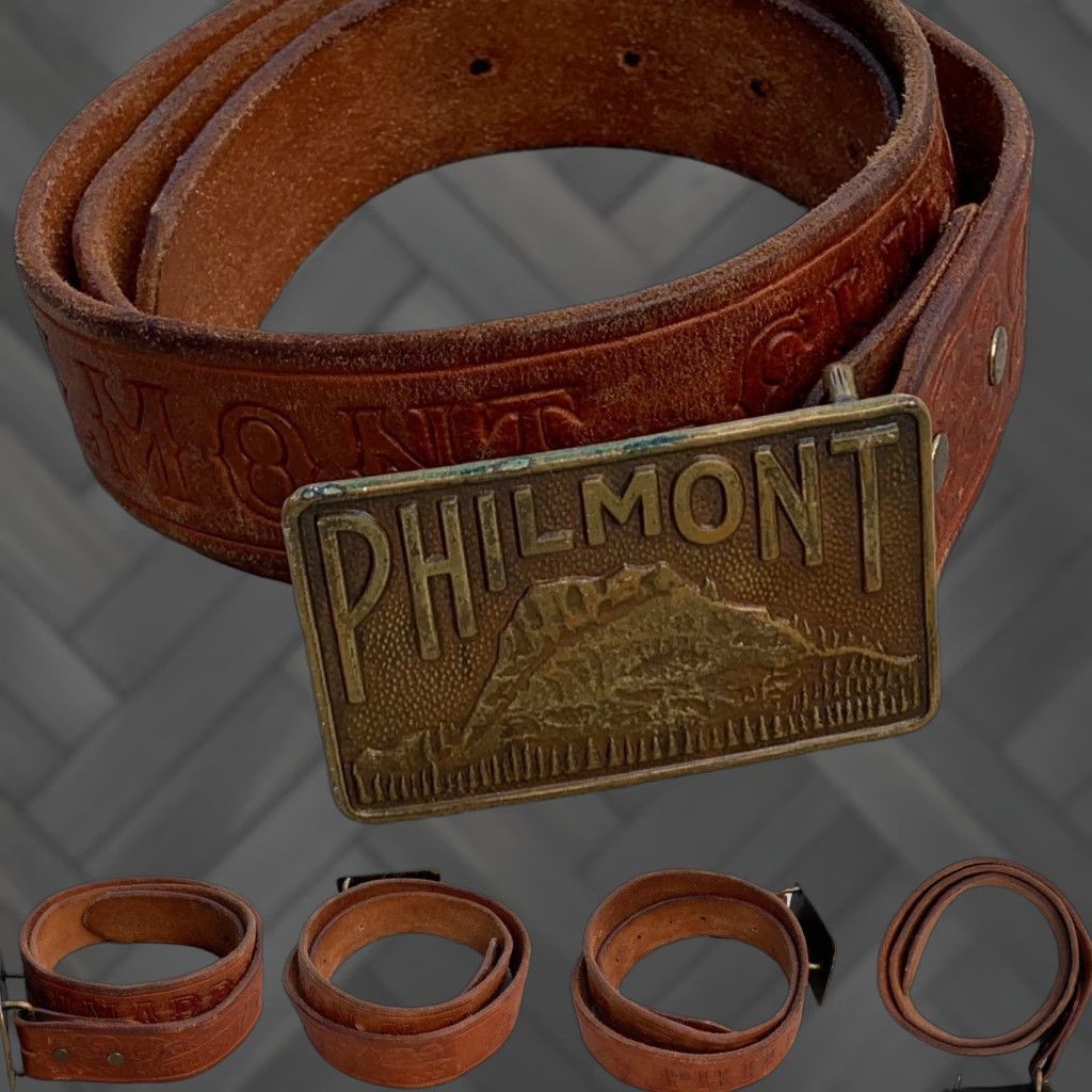 Vintage Philmont Belt Buckle Bastian Bros Co Rochester NY 1939 Union Made Tooled Leather Belt Brown Men Vintage Cowboy Western Size ONE SIZE - 1 Thumbnail